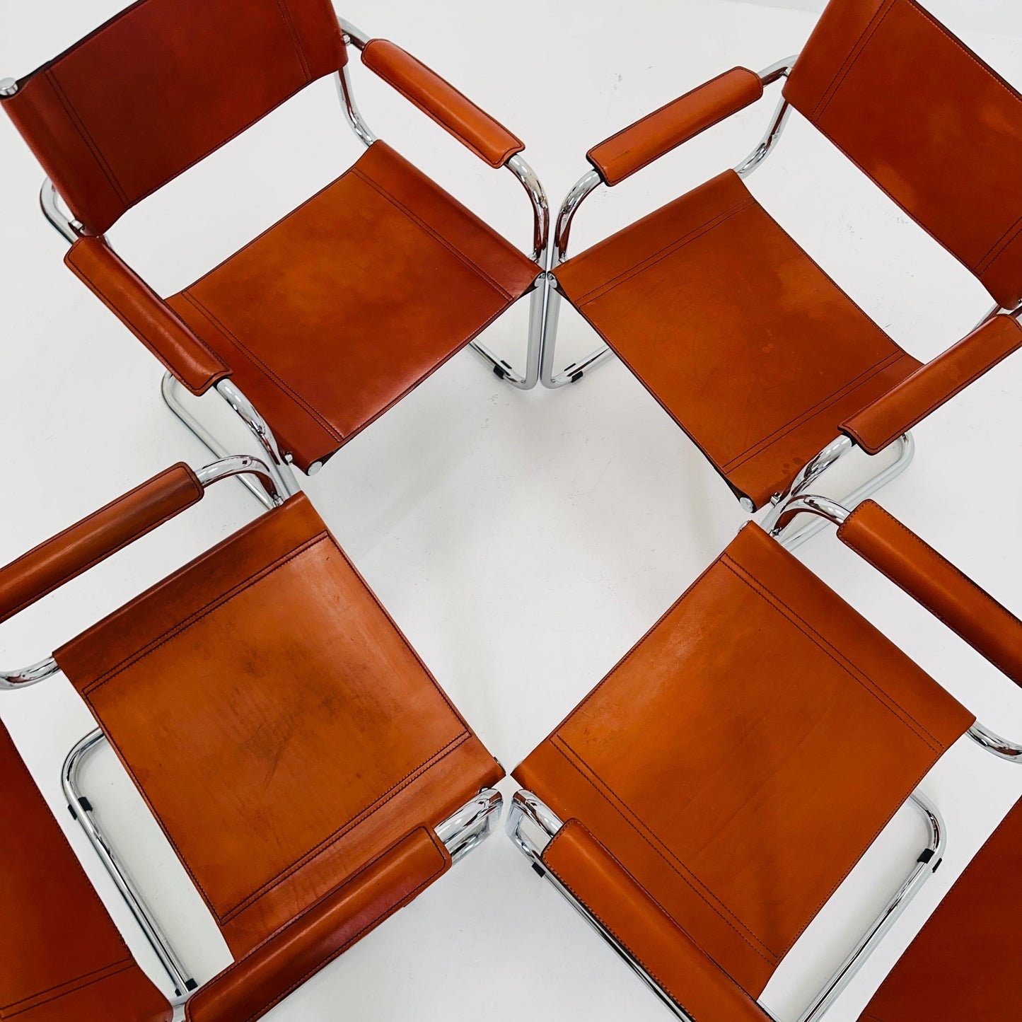 Set of 4 Mid century Model S34 Cognac Leather armchairs by Mart Stam & Marcel Breuer 1980s Italy