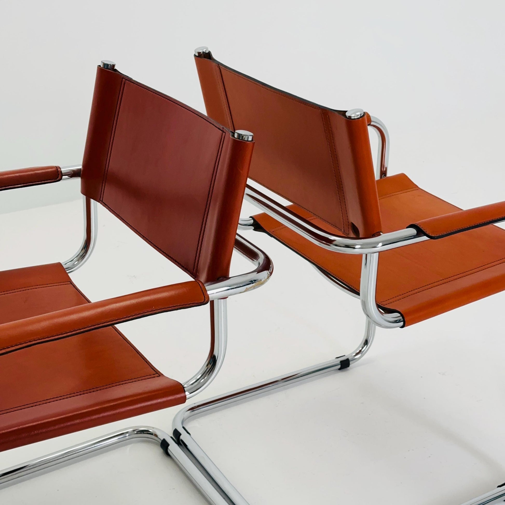 Set of 2 Mid century Model S34 Cognac Leather armchairs by Mart Stam & Marcel Breuer 1980s Italy