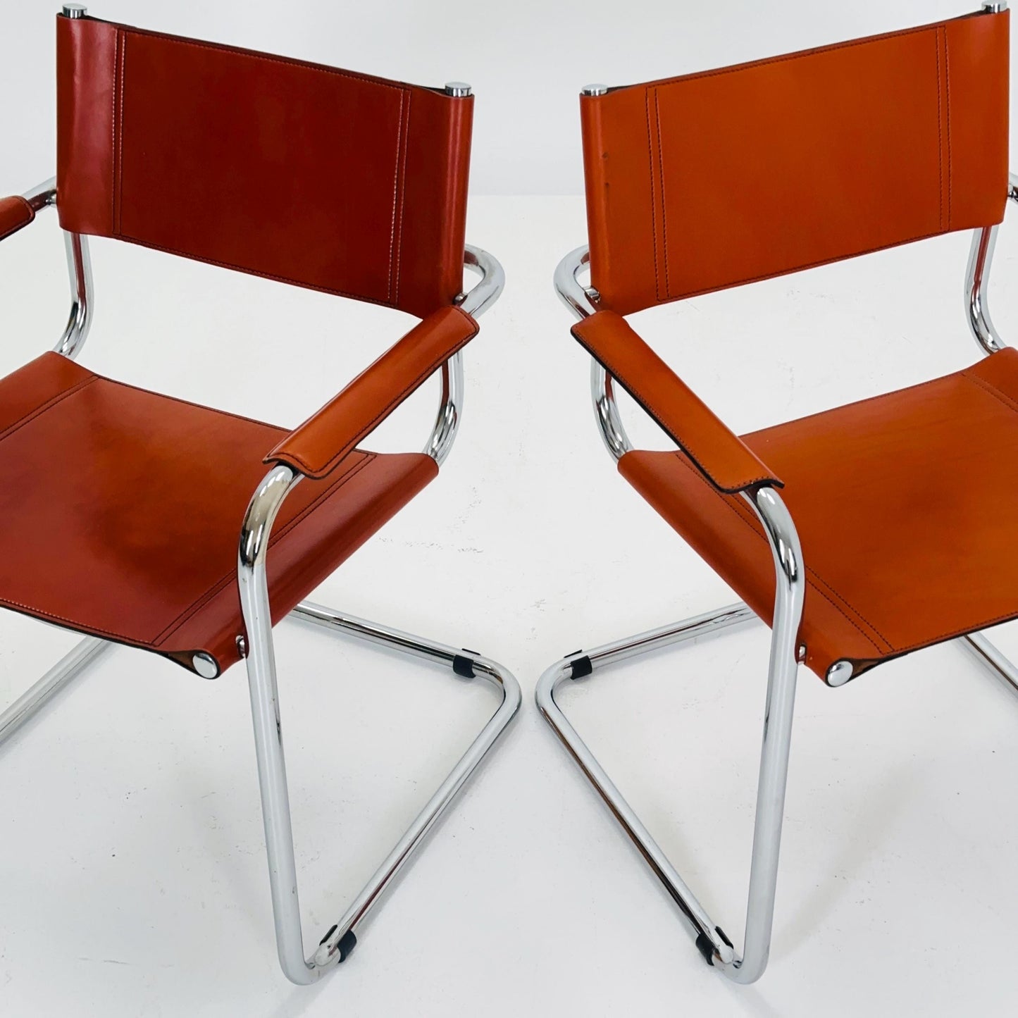 Set of 2 Mid century Model S34 Cognac Leather armchairs by Mart Stam & Marcel Breuer 1980s Italy
