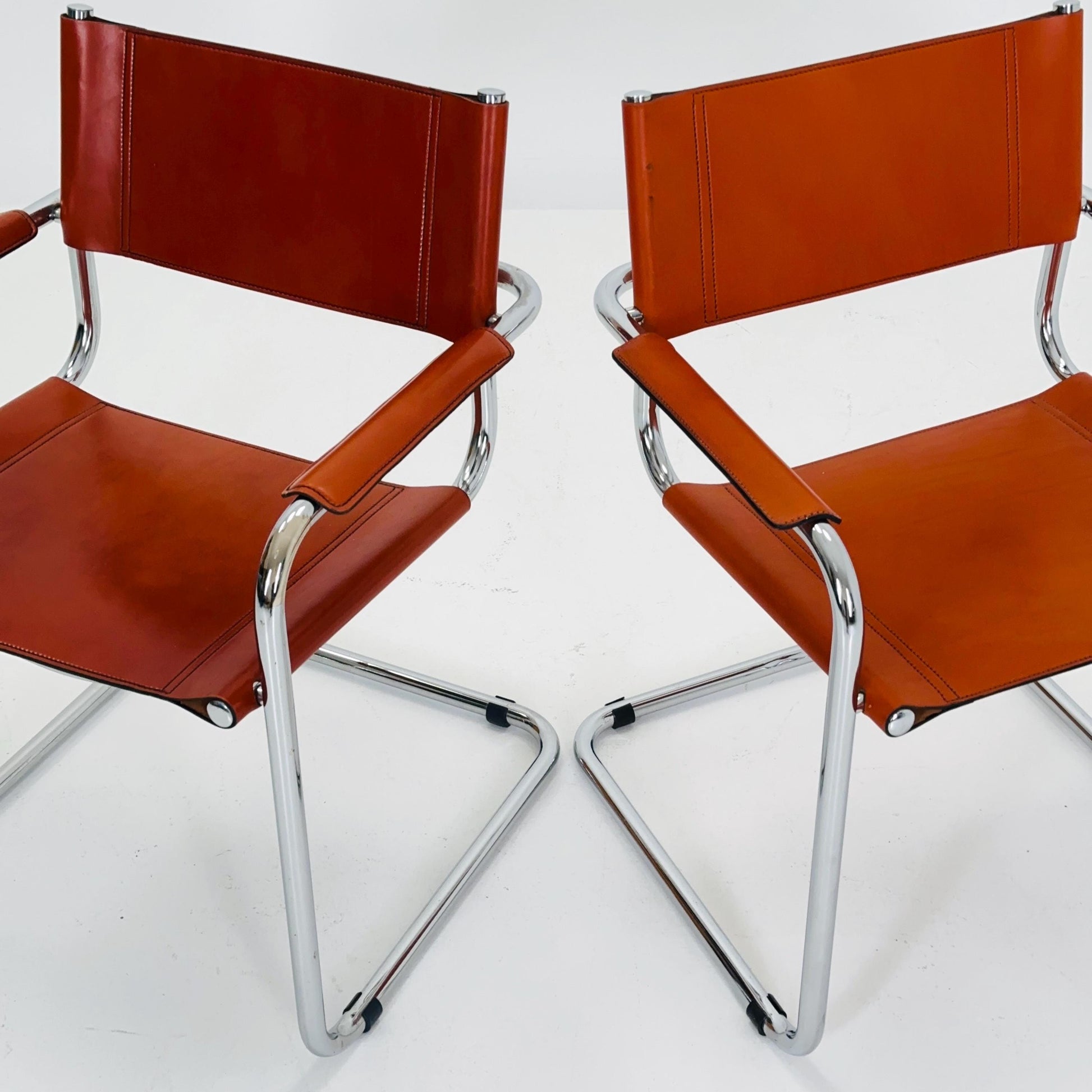 Set of 2 Mid century Model S34 Cognac Leather armchairs by Mart Stam & Marcel Breuer 1980s Italy