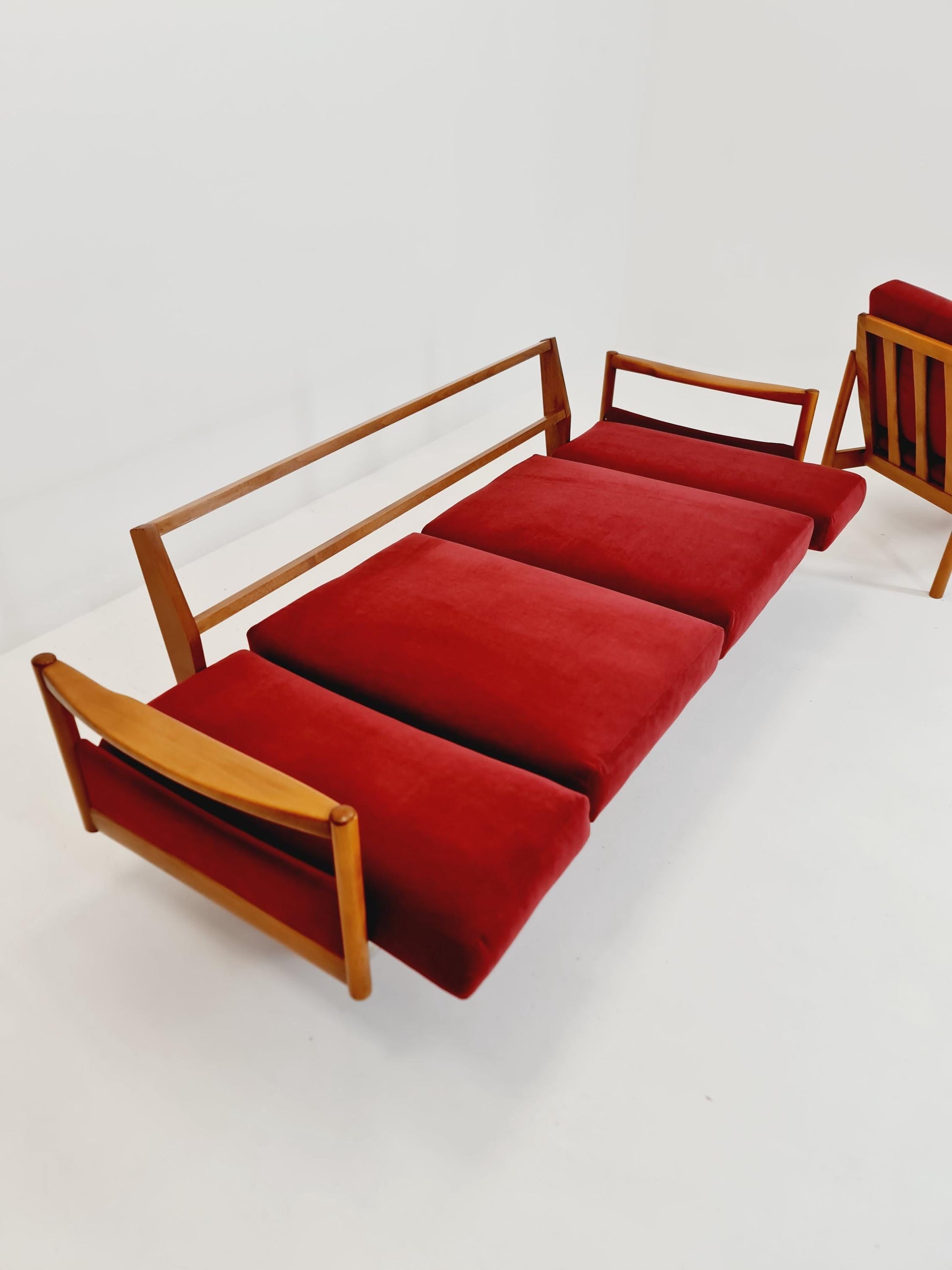 Rare Midcentury Stella Sofa Ash wood Daybed By Walter knoll , set with armchair Germany, 1950s