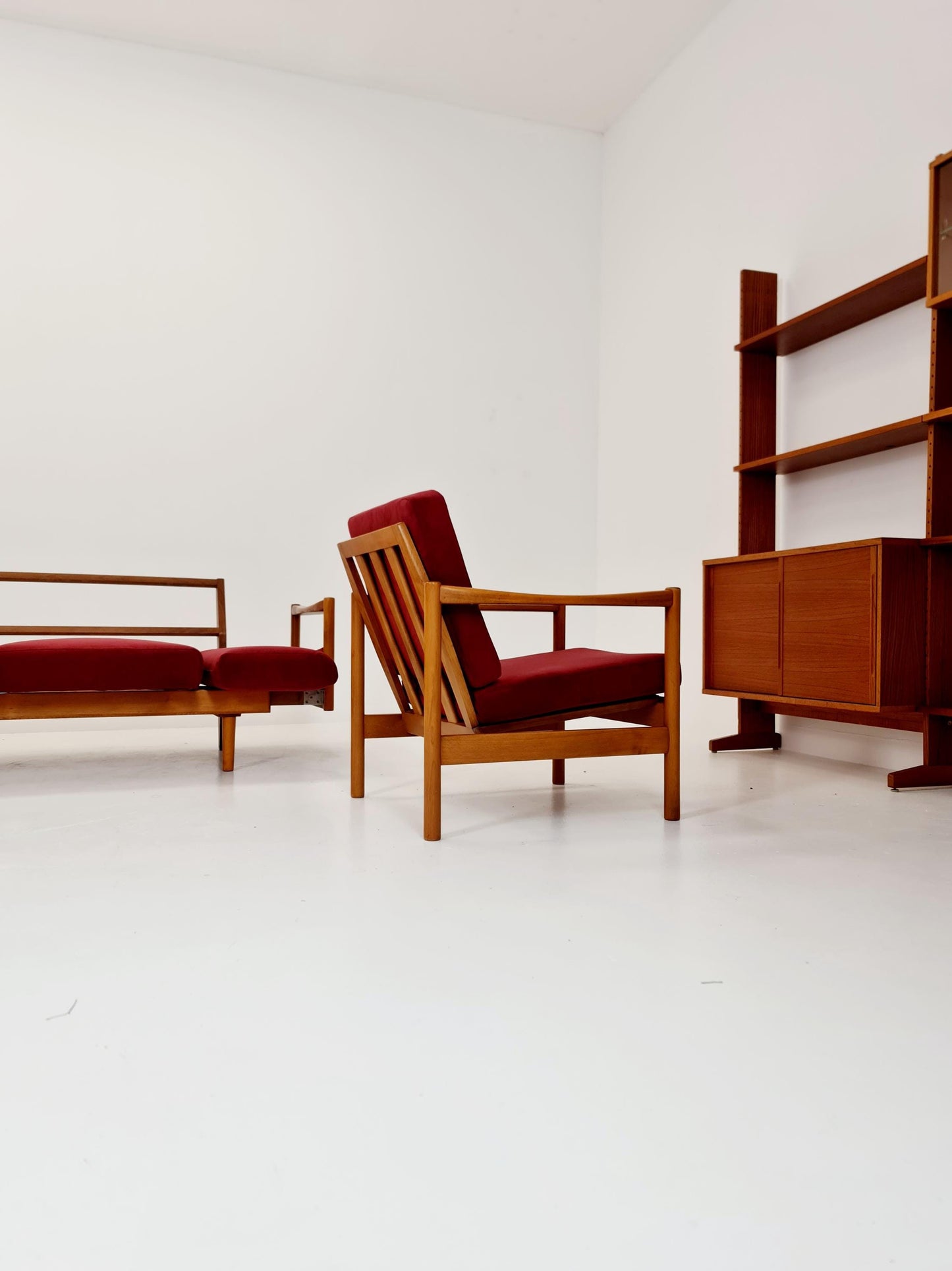Rare Midcentury Stella Sofa Ash wood Daybed By Walter knoll , set with armchair Germany, 1950s
