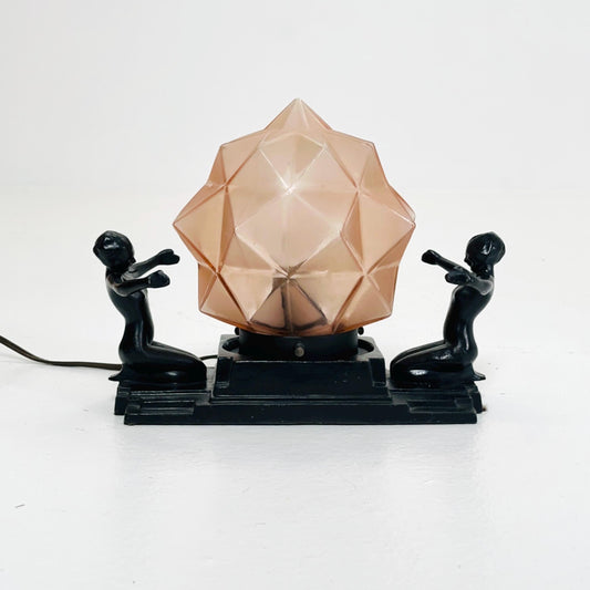 Art Deco Frankart Table Lamp with Kneeling Women & Amber Geometric Glass Shade, 1930s USA