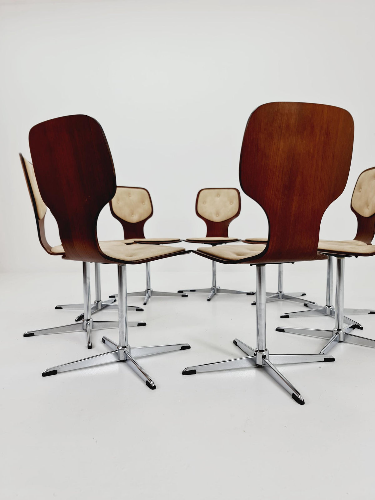 1 of 9 German space age teak und leather dinning chairs 1970s