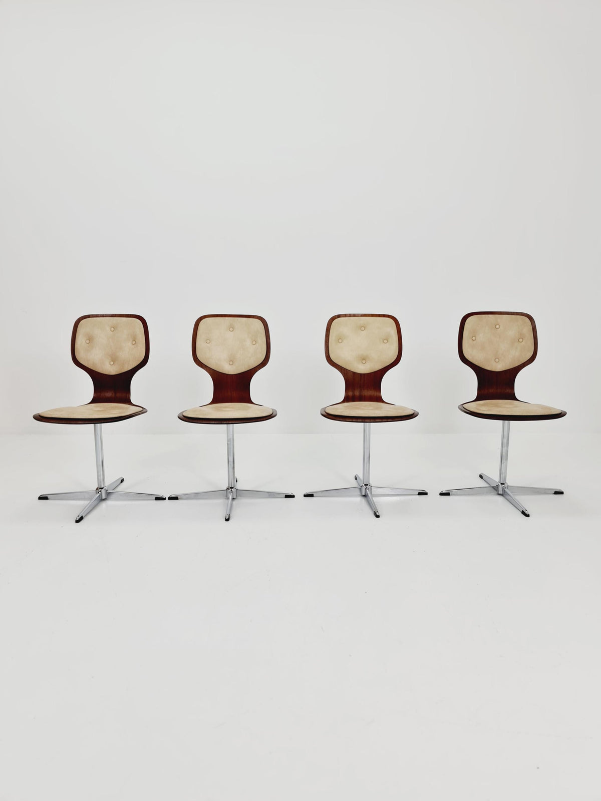 1 of 9 German space age teak und leather dinning chairs 1970s