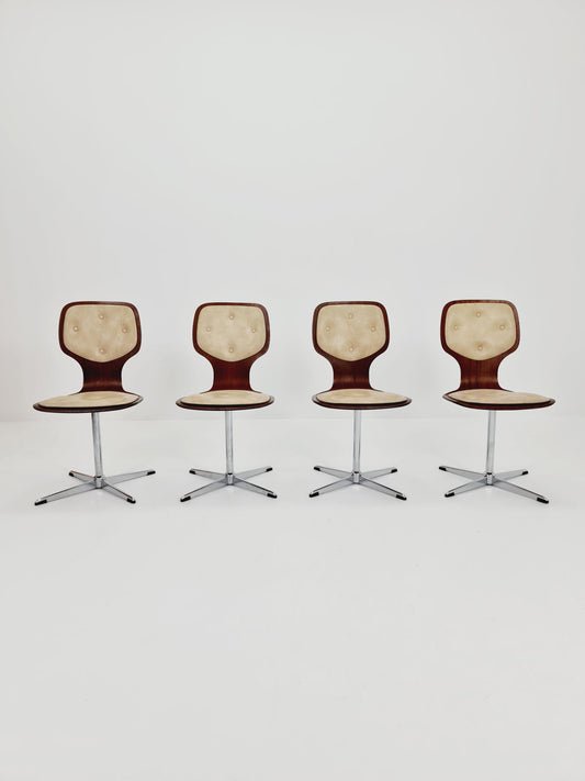 German space age teak und leather dinning chairs 1970s set of 4