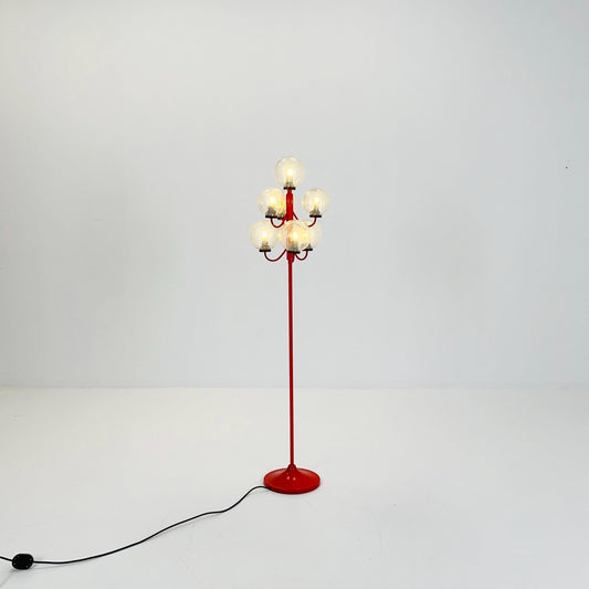 Mid-Century 7-Arm Space Age Floor Lamp by Kaiser, Germany, 1960s — Red Metal Base & Frosted Glass Shades