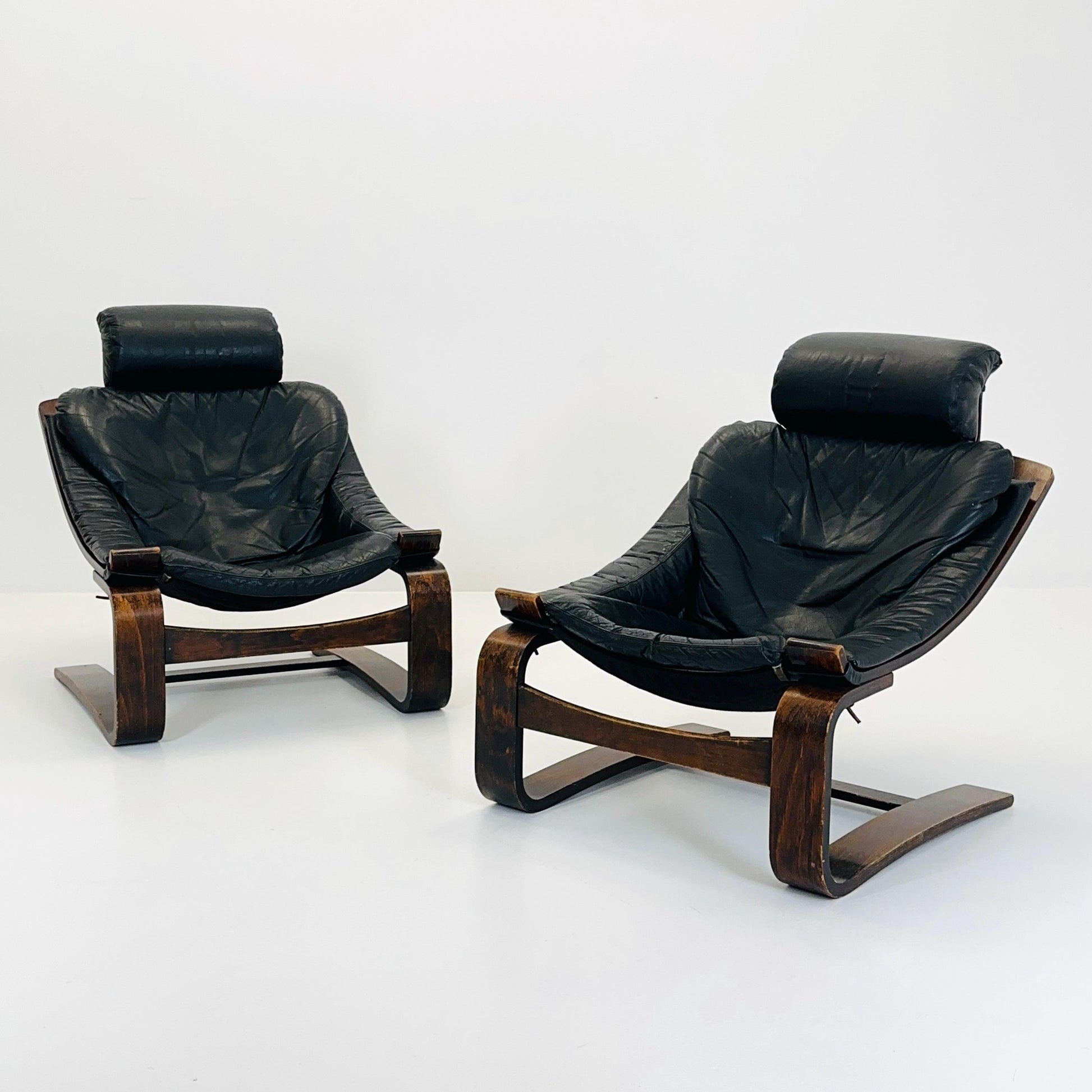 Set of Two Mid-Century Black Leather Armchairs by Åke Fribytter for Nelo Möbler, Sweden, 1970s