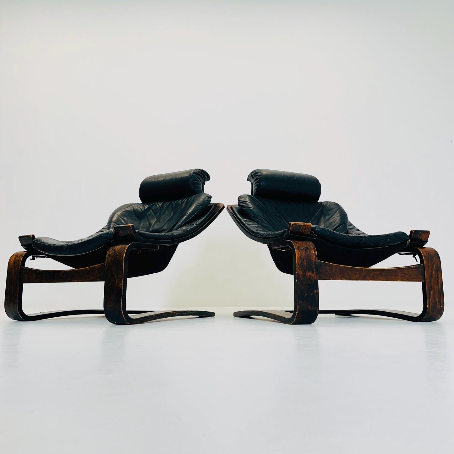 Set of Two Mid-Century Black Leather Armchairs by Åke Fribytter for Nelo Möbler, Sweden, 1970s