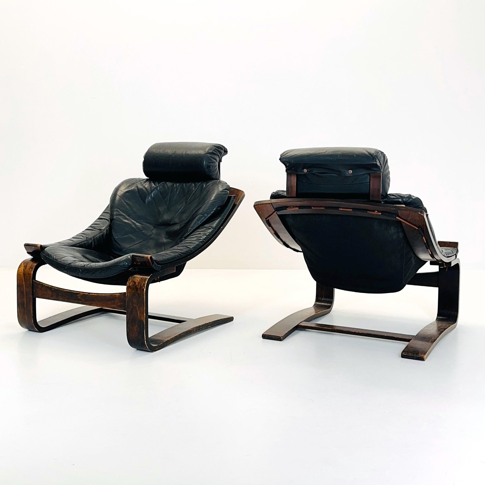 Set of Two Mid-Century Black Leather Armchairs by Åke Fribytter for Nelo Möbler, Sweden, 1970s
