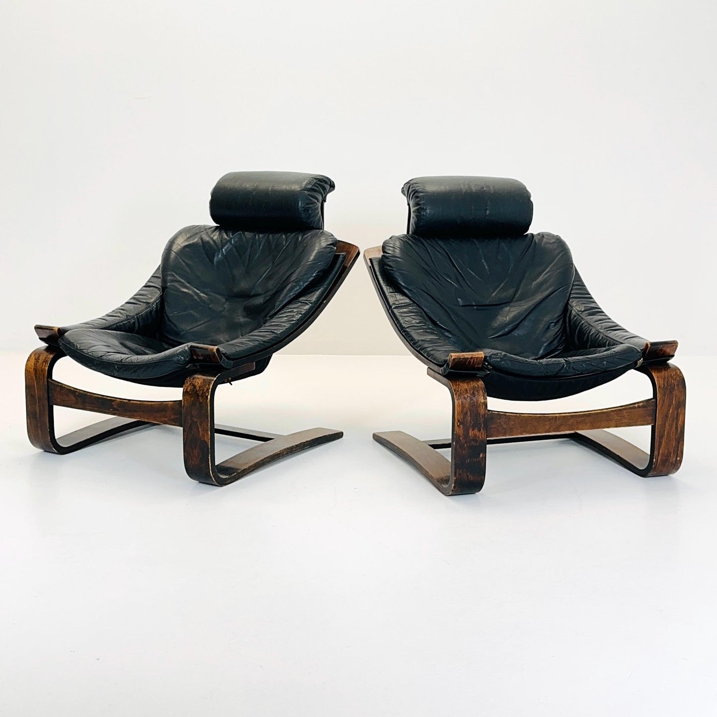 Set of Two Mid-Century Black Leather Armchairs by Åke Fribytter for Nelo Möbler, Sweden, 1970s