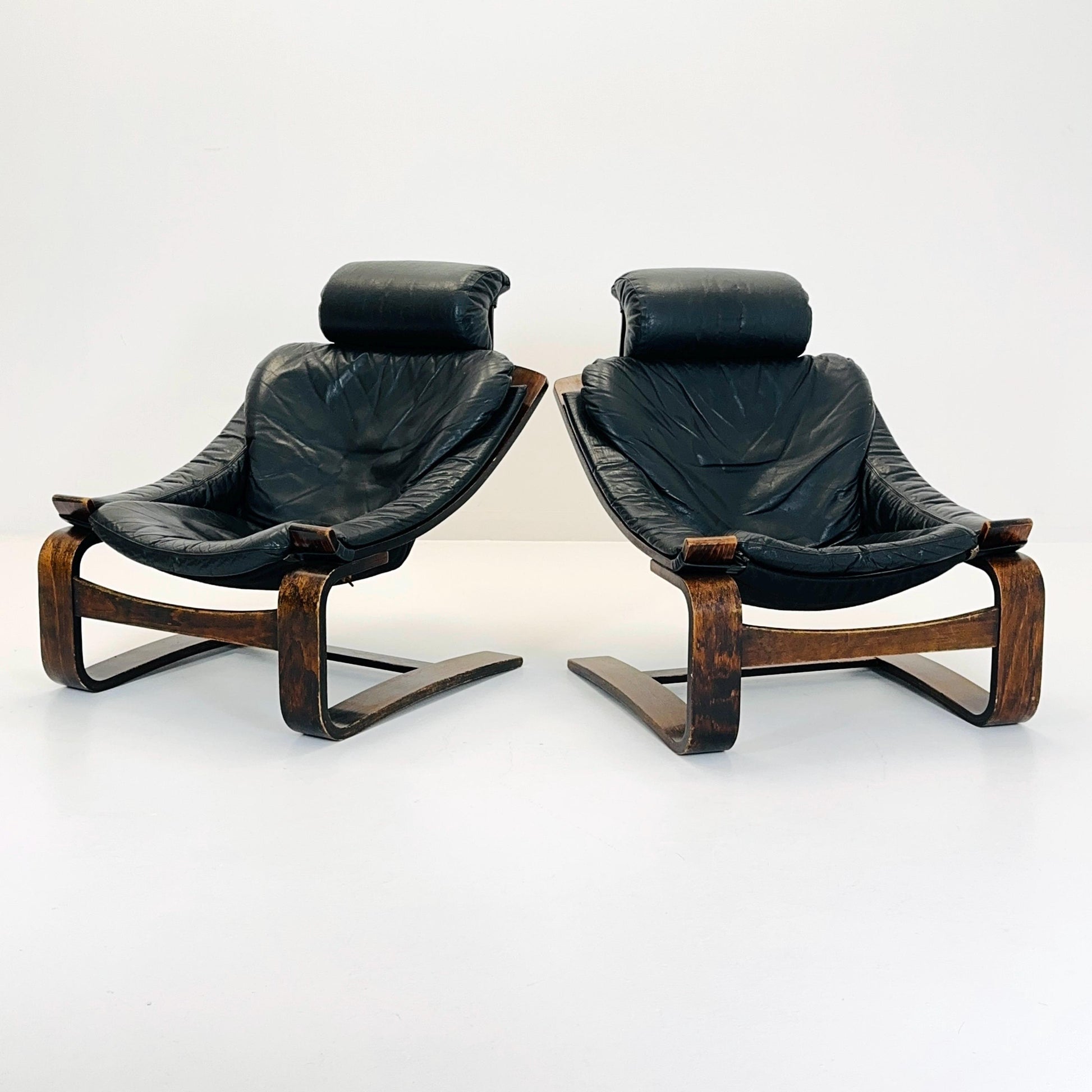 Set of Two Mid-Century Black Leather Armchairs by Åke Fribytter for Nelo Möbler, Sweden, 1970s