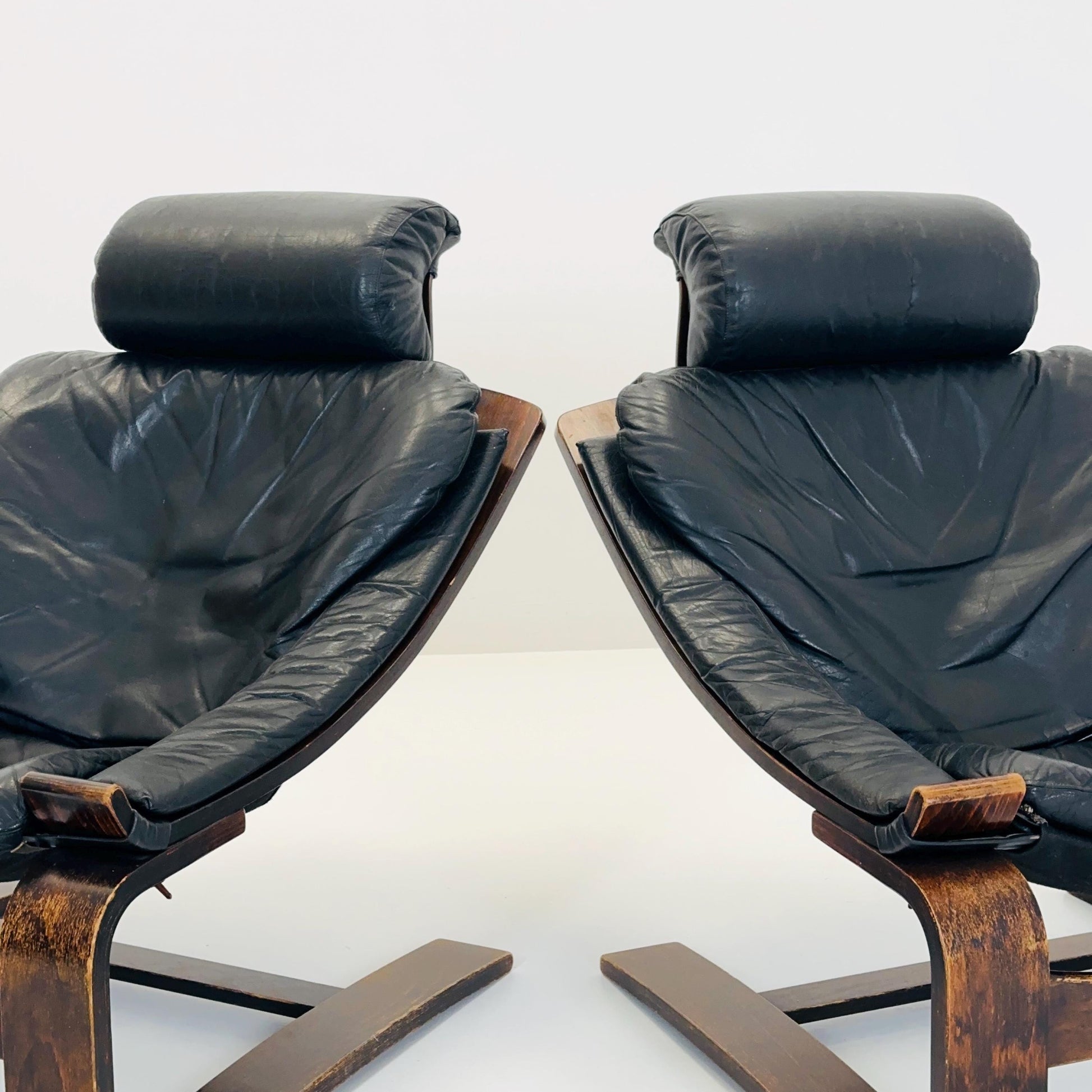 Set of Two Mid-Century Black Leather Armchairs by Åke Fribytter for Nelo Möbler, Sweden, 1970s