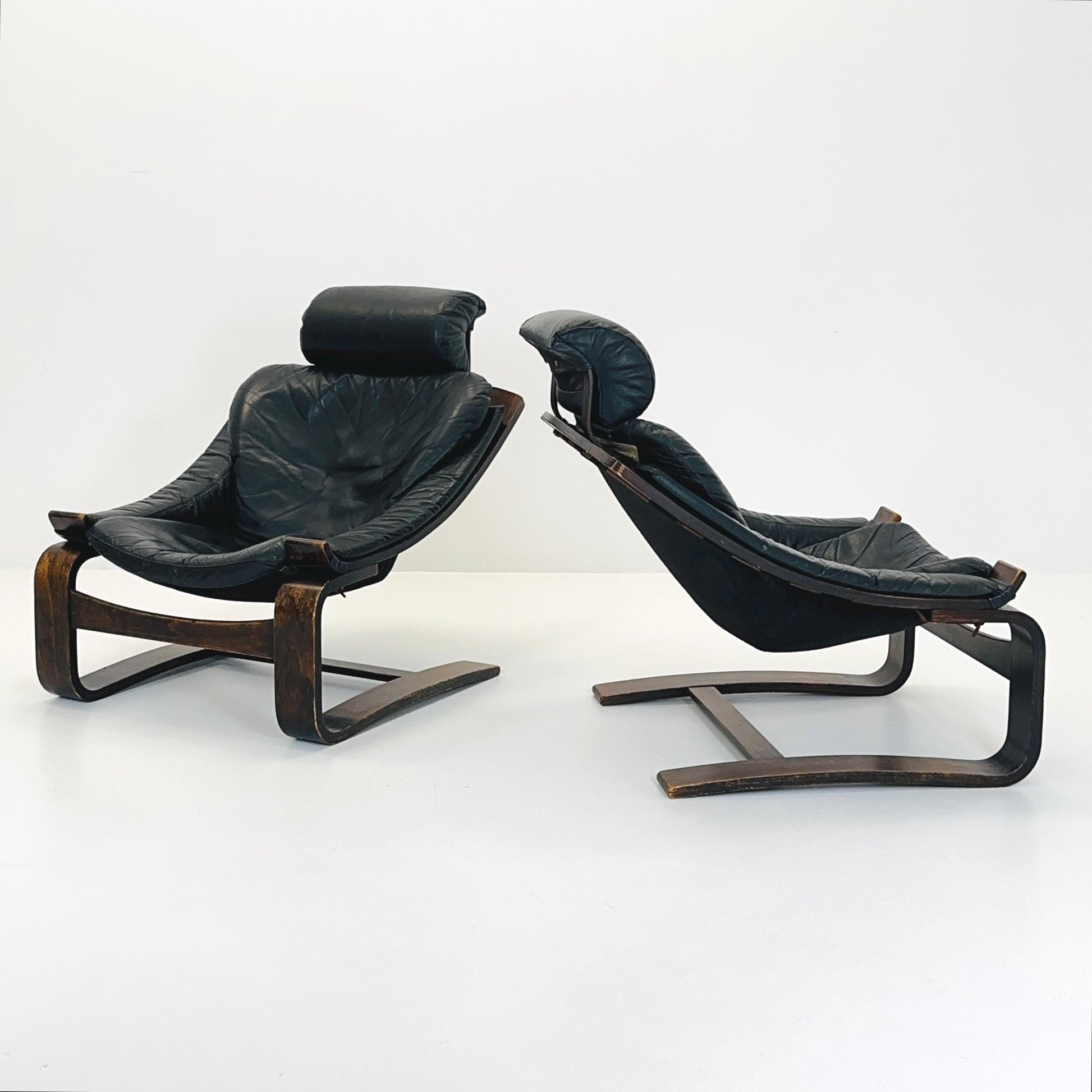 Set of Two Mid-Century Black Leather Armchairs by Åke Fribytter for Nelo Möbler, Sweden, 1970s