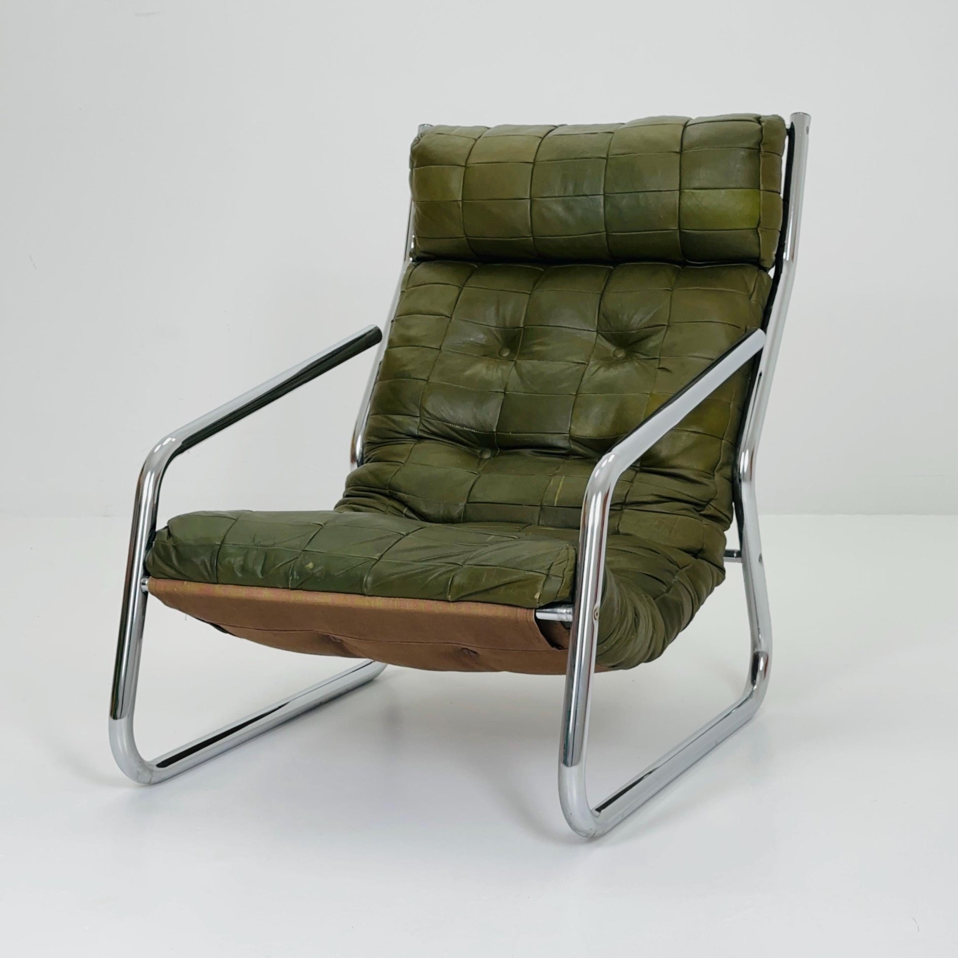 Rare Mid century green leather patchwork lounge chair By Gillis Lundgren Ikea Hoss Sweden 1970s