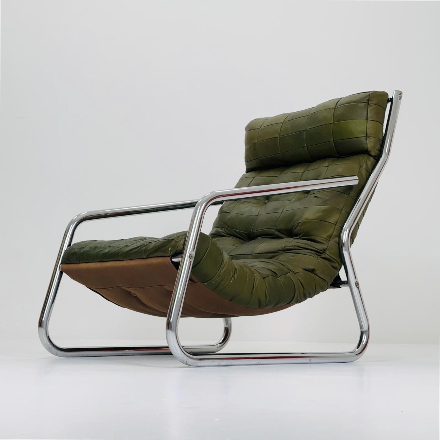 Rare Mid century green leather patchwork lounge chair By Gillis Lundgren Ikea Hoss Sweden 1970s