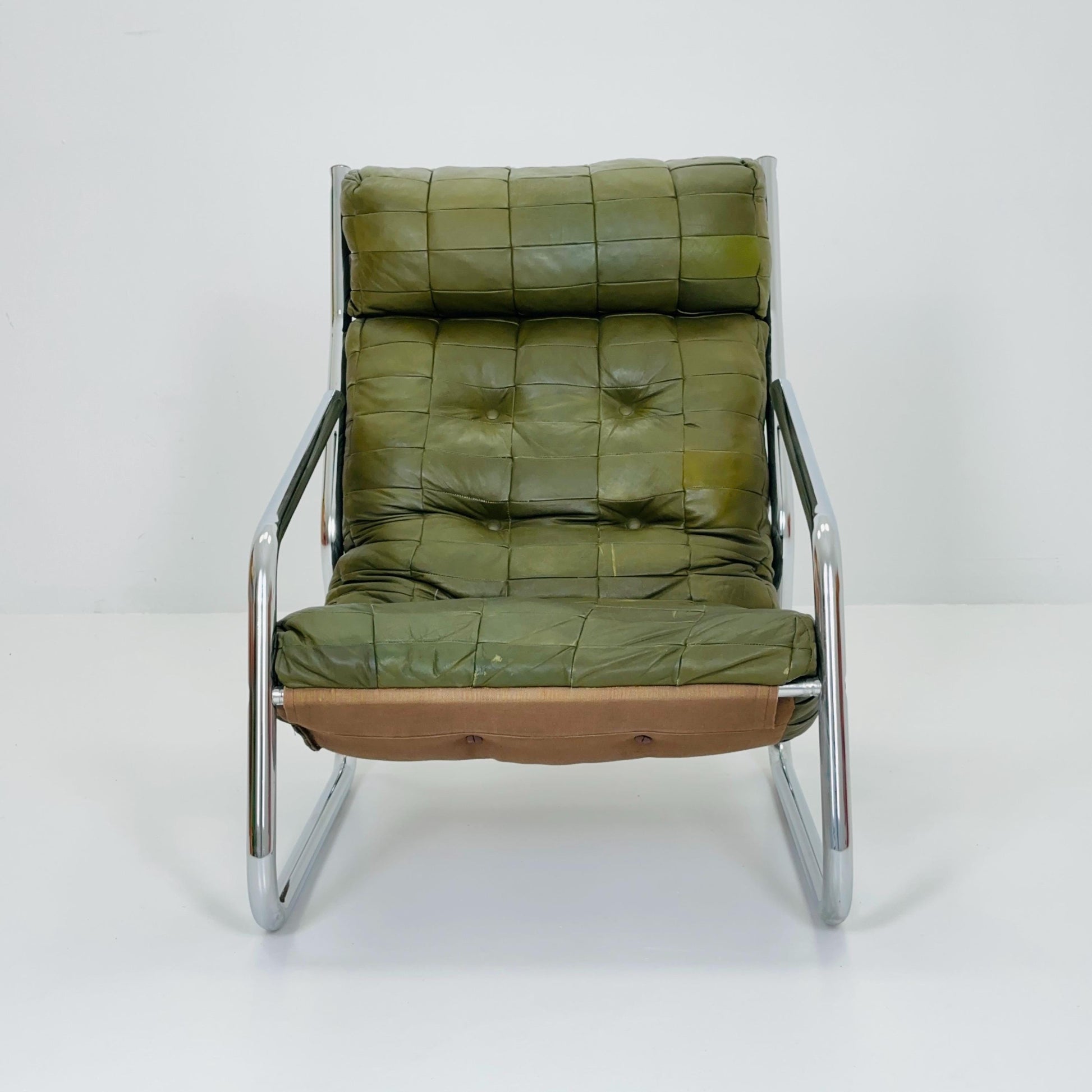 Rare Mid century green leather patchwork lounge chair By Gillis Lundgren Ikea Hoss Sweden 1970s