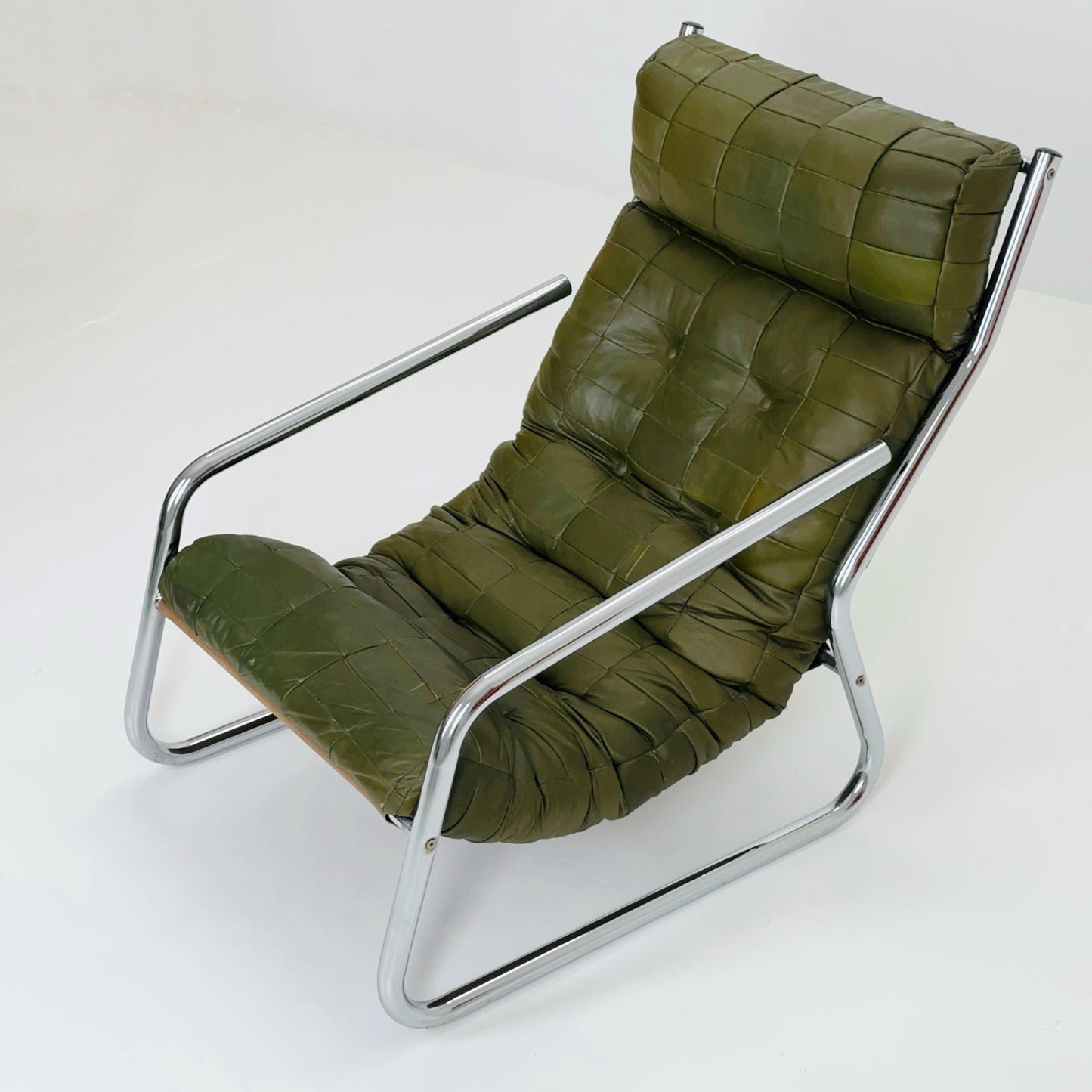 Rare Mid century green leather patchwork lounge chair By Gillis Lundgren Ikea Hoss Sweden 1970s