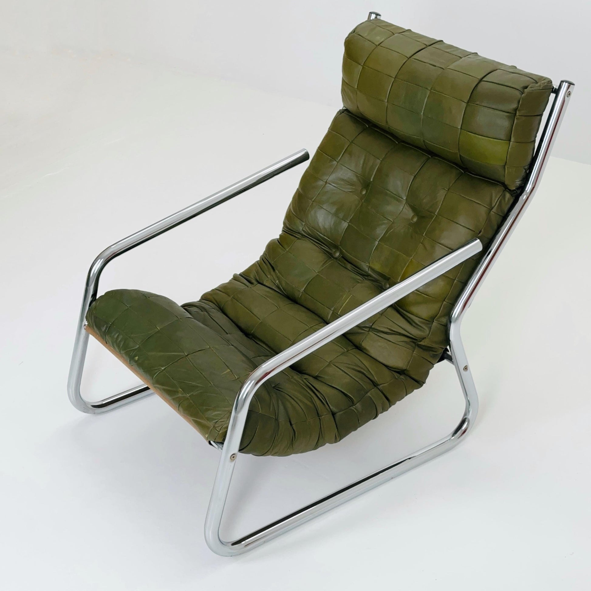Rare Mid century green leather patchwork lounge chair By Gillis Lundgren Ikea Hoss Sweden 1970s