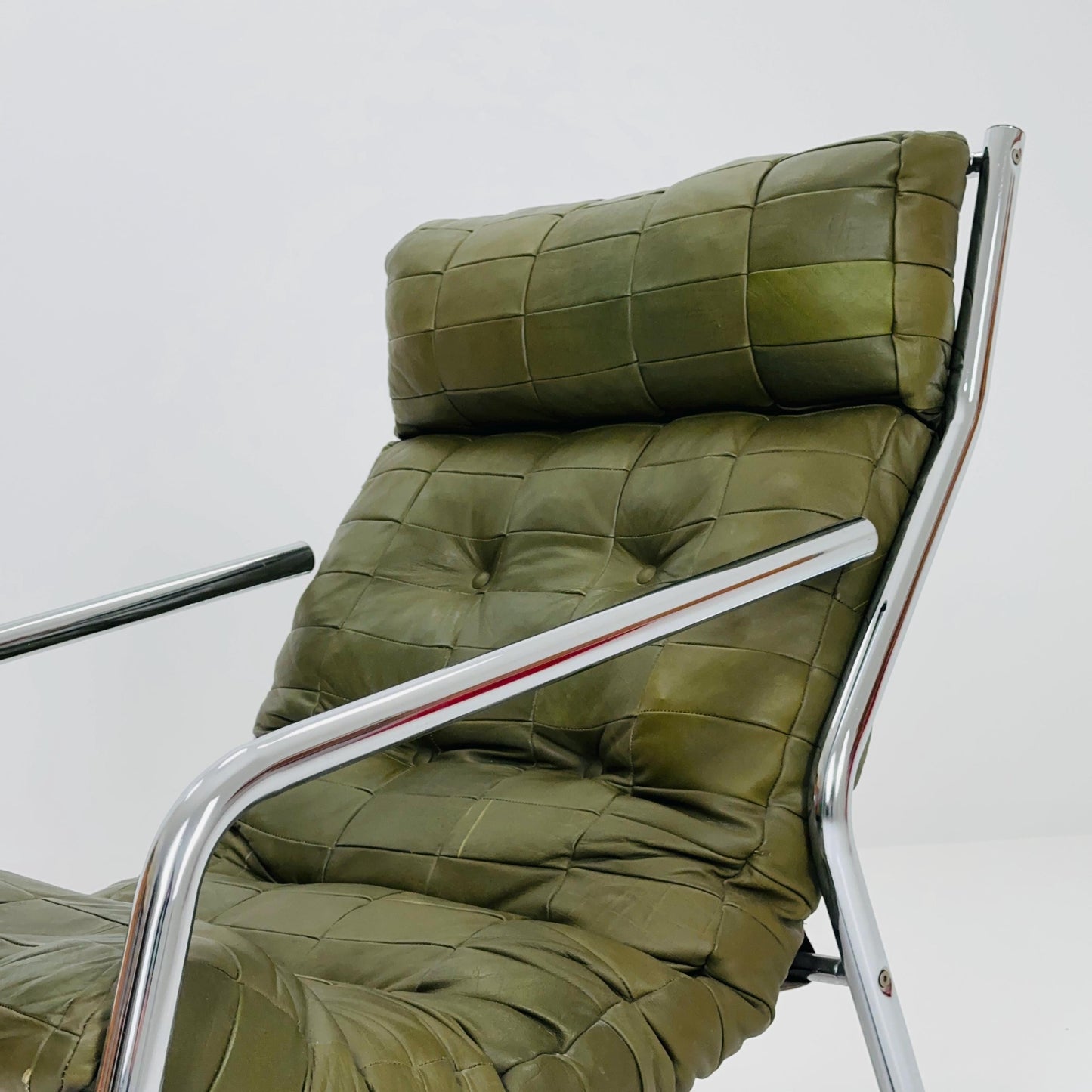 Rare Mid century green leather patchwork lounge chair By Gillis Lundgren Ikea Hoss Sweden 1970s