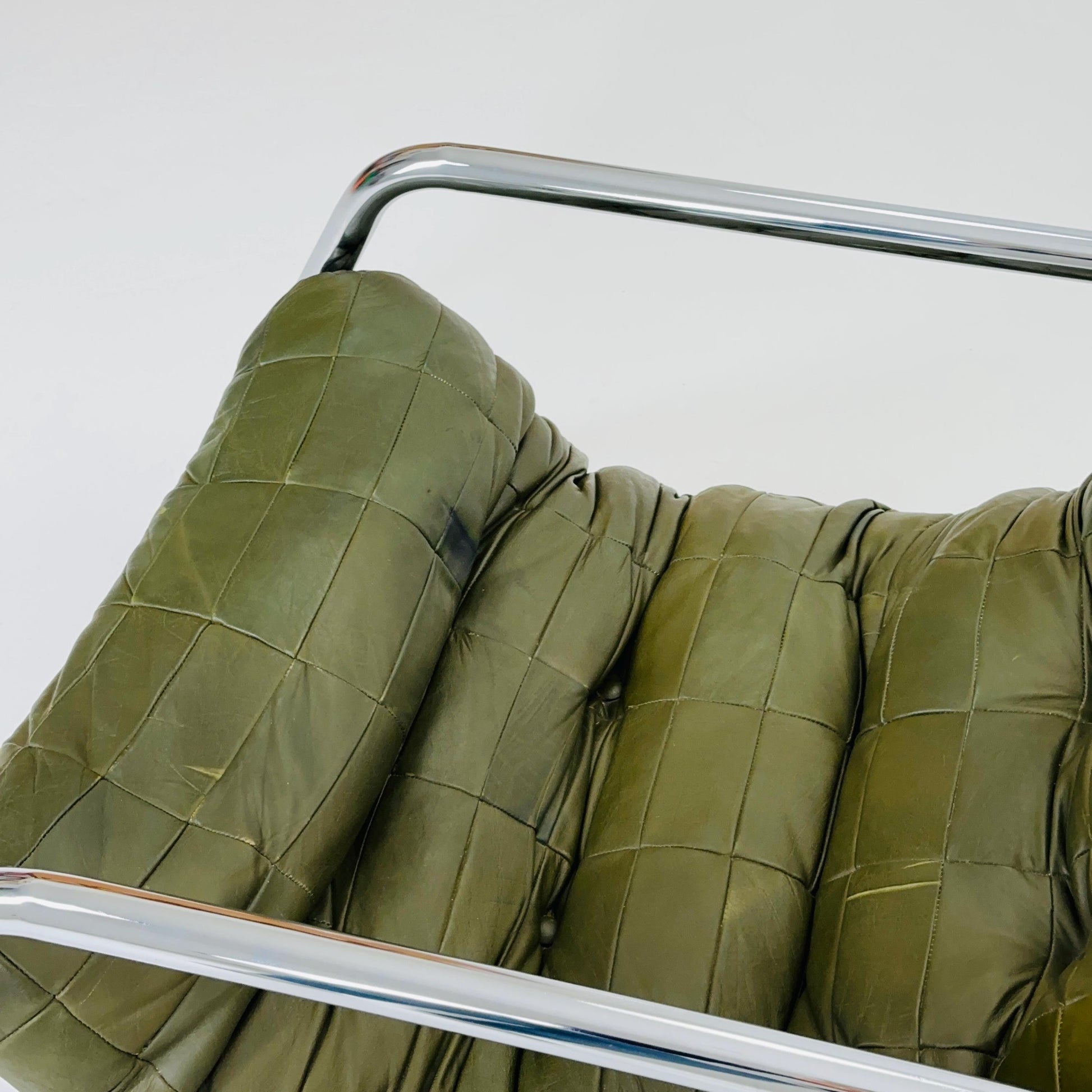 Rare Mid century green leather patchwork lounge chair By Gillis Lundgren Ikea Hoss Sweden 1970s