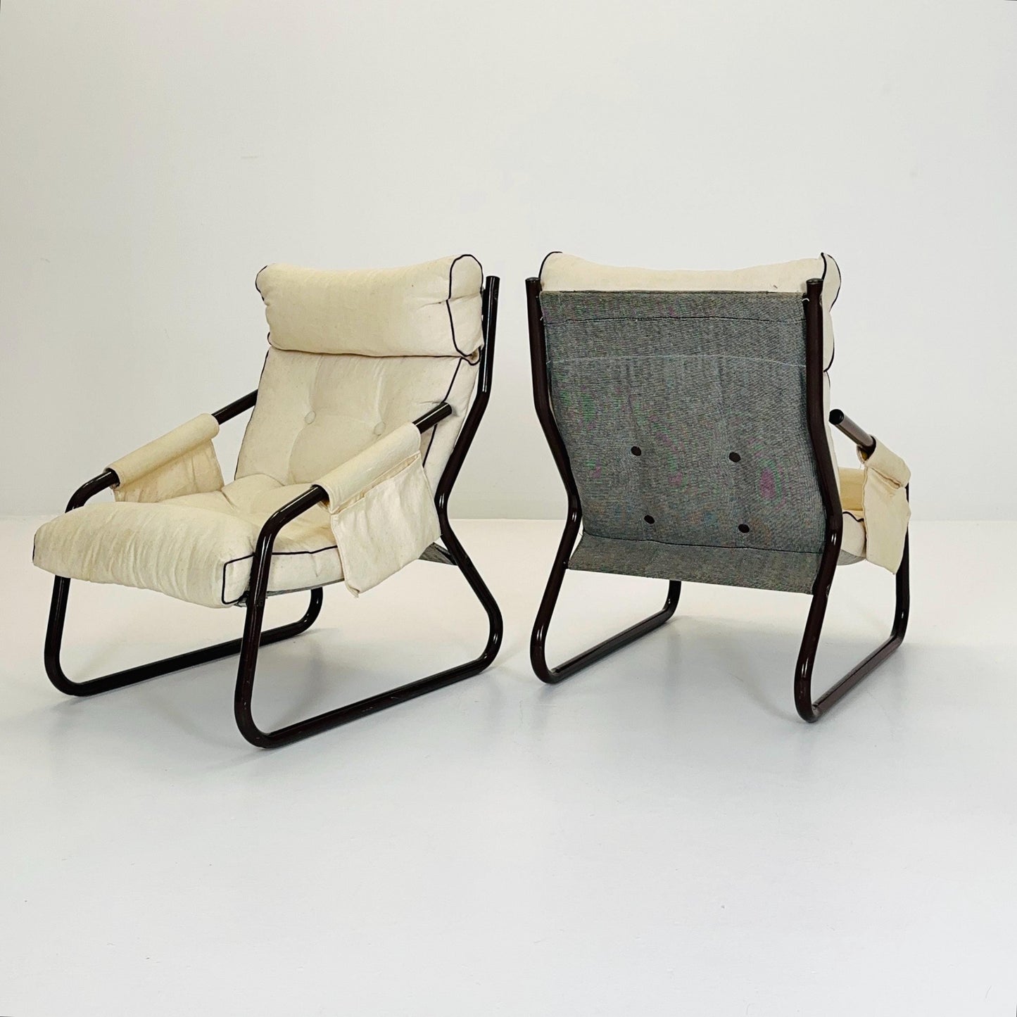 Set of 2 Rare 1970s IKEA Lounge Chairs by Gillis Lundgren – White-Beige Fabric MCM Armchairs with Magazine Pockets Sweden 1980s