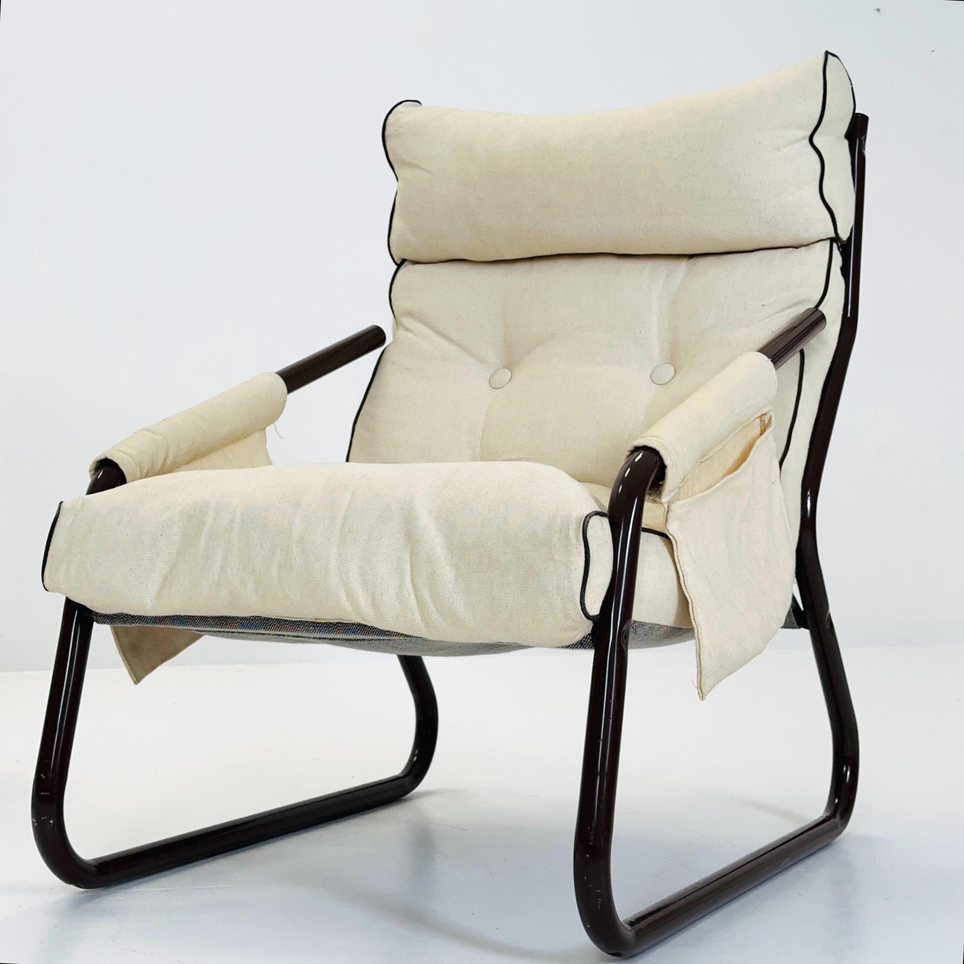 Set of 2 Rare 1970s IKEA Lounge Chairs by Gillis Lundgren – White-Beige Fabric MCM Armchairs with Magazine Pockets Sweden 1980s