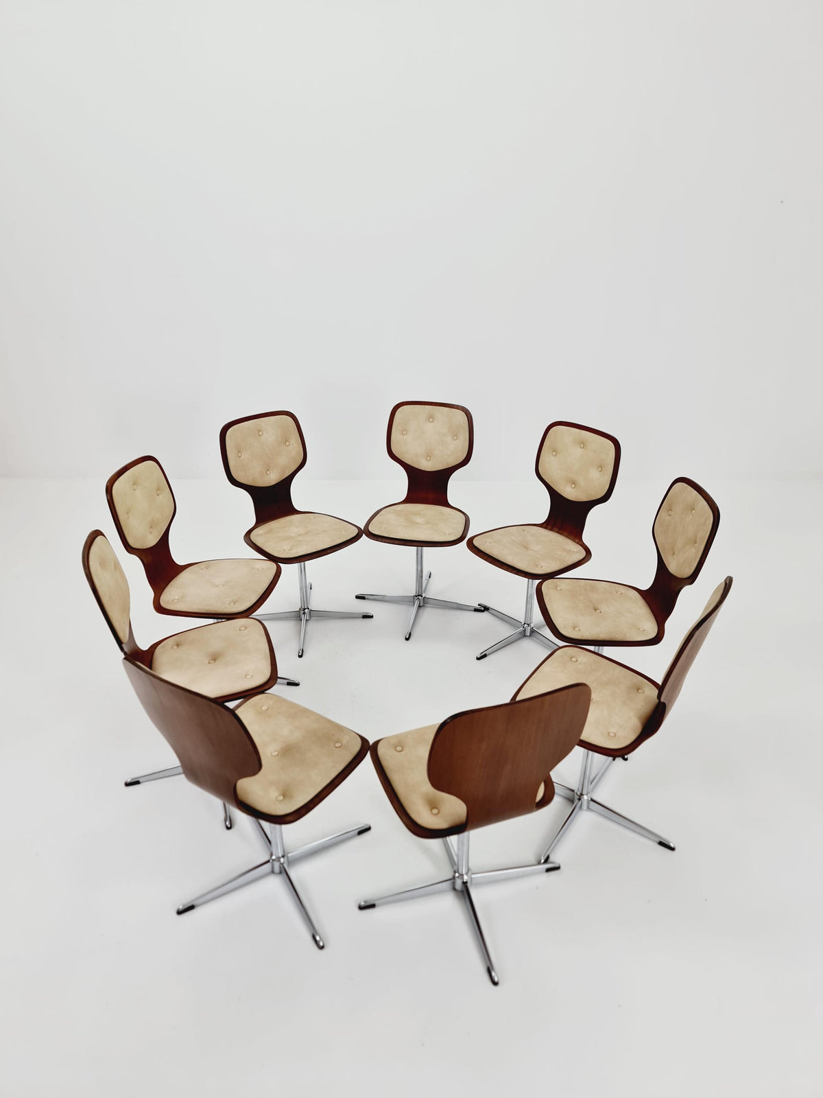 1 of 9 German space age teak und leather dinning chairs 1970s
