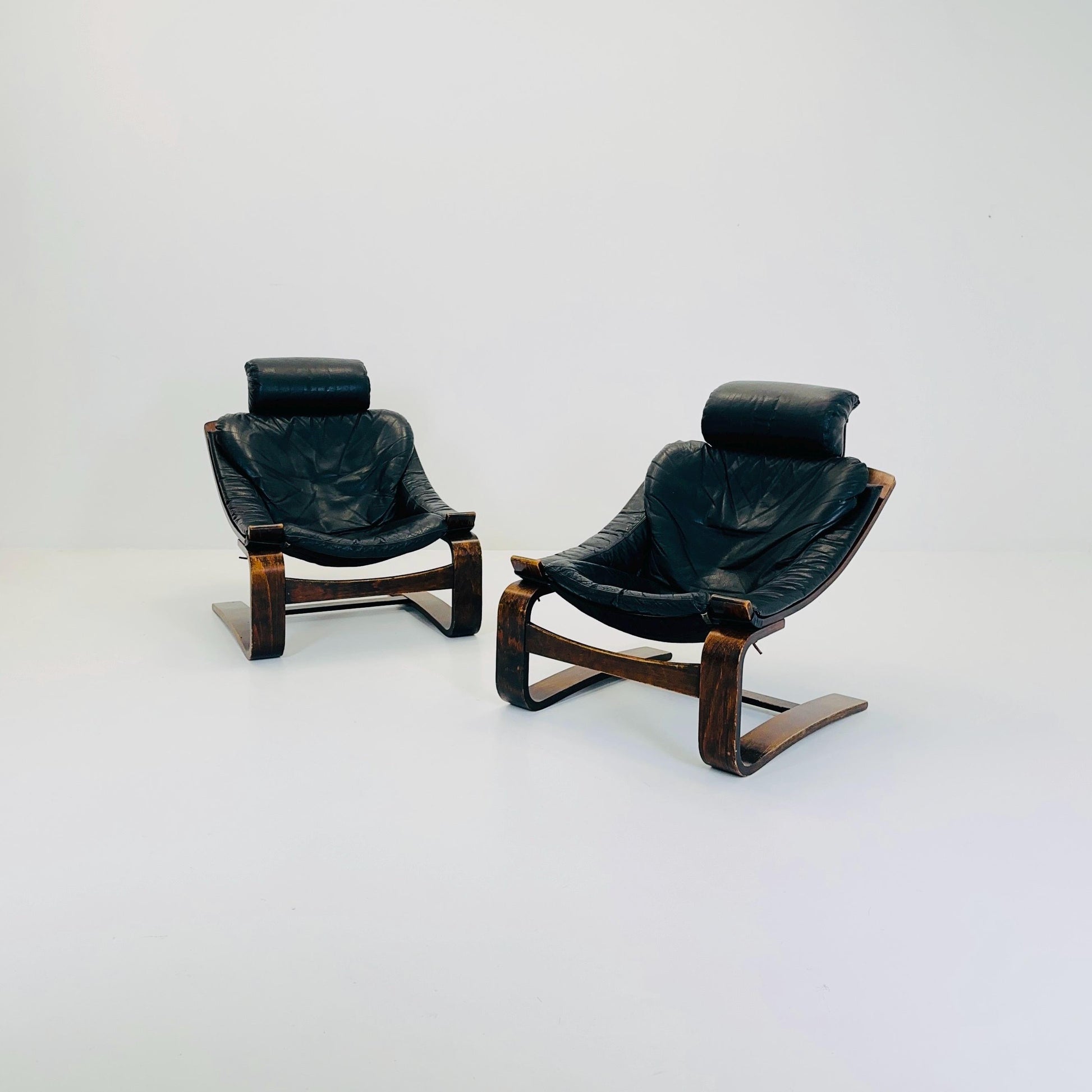 Set of Two Mid-Century Black Leather Armchairs by Åke Fribytter for Nelo Möbler, Sweden, 1970s