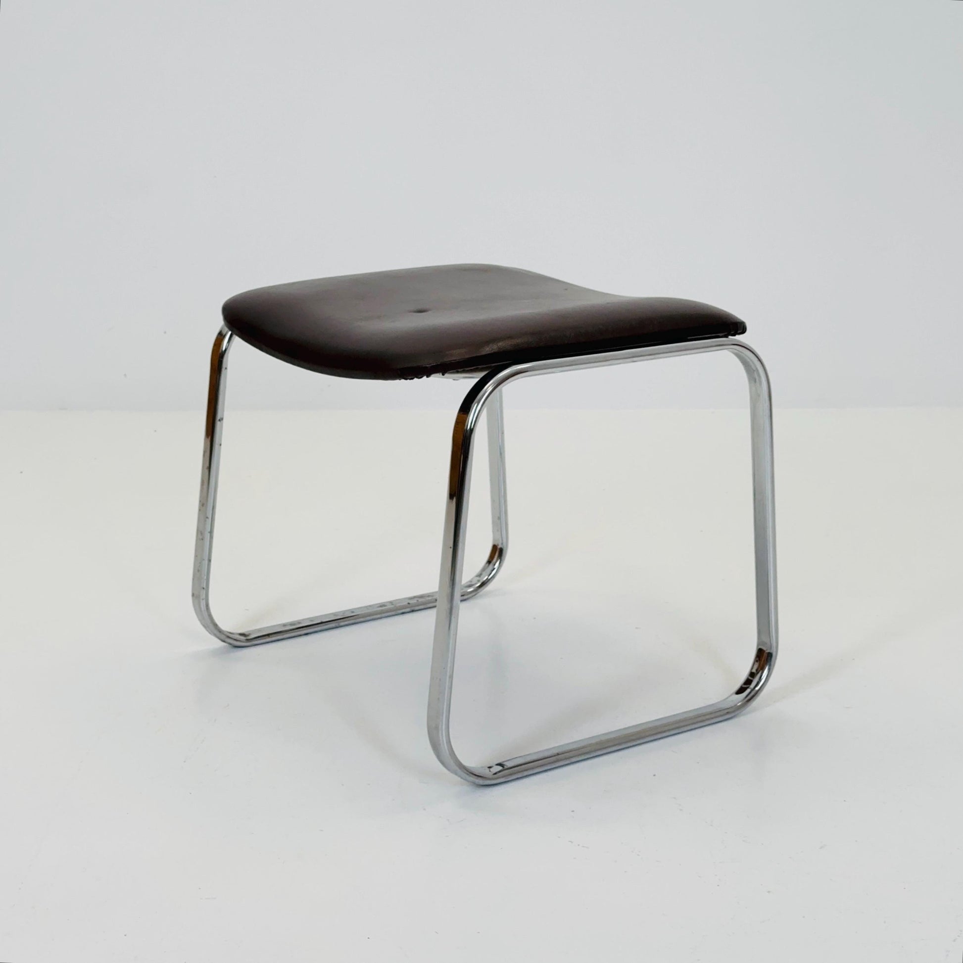 Mid-Century Bauhaus Chrome Stool with Brown Leather | Germany 1980s | Vintage Industrial Seating