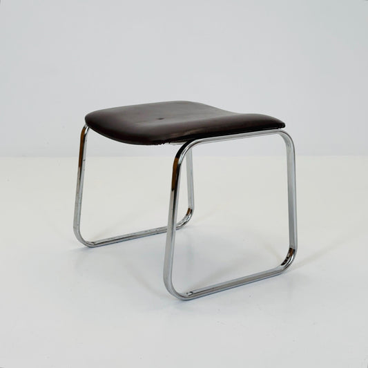 Mid-Century Bauhaus Chrome Stool with Brown Leather | Germany 1980s | Vintage Industrial Seating