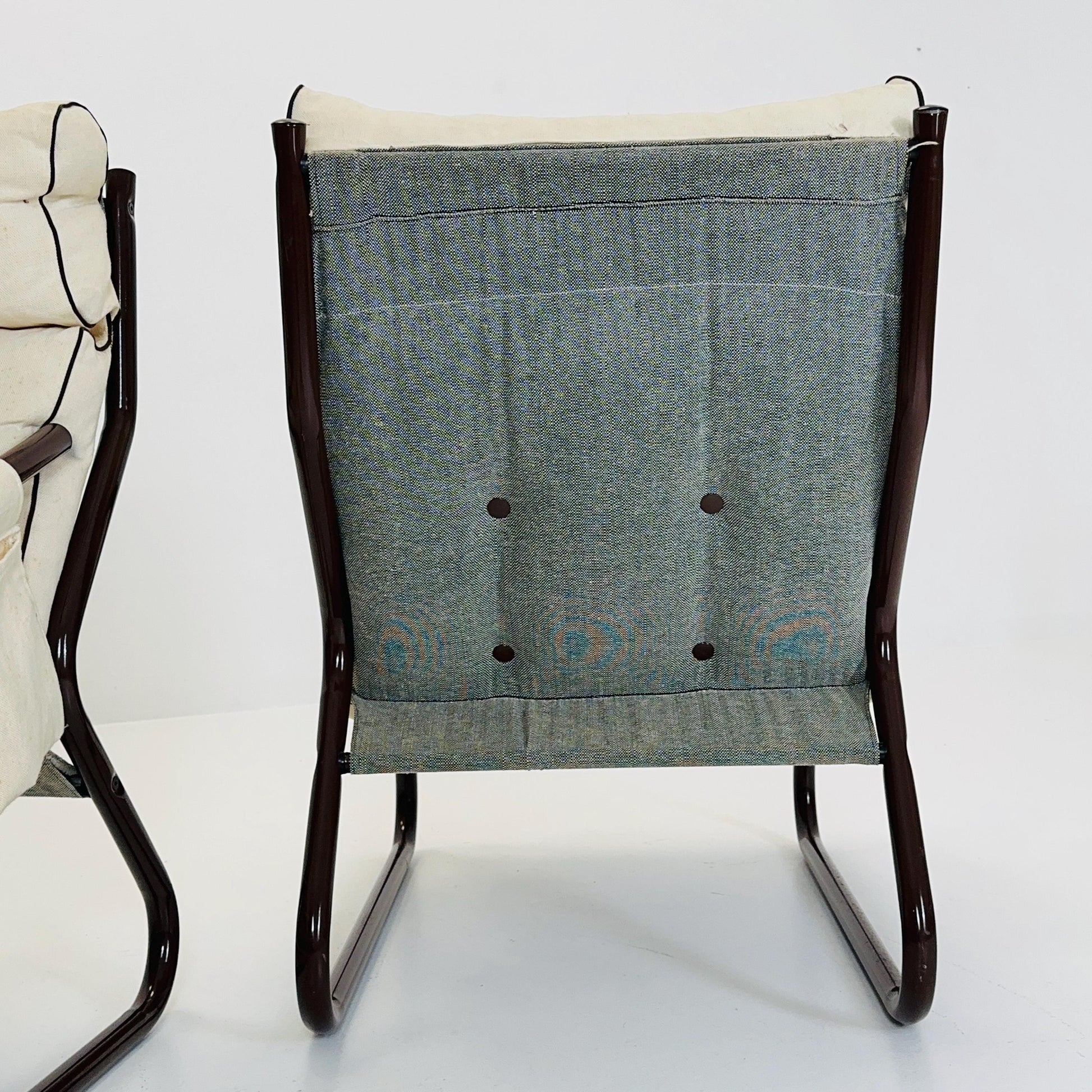 Set of 2 Rare 1970s IKEA Lounge Chairs by Gillis Lundgren – White-Beige Fabric MCM Armchairs with Magazine Pockets Sweden 1980s