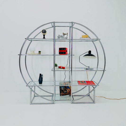 Rare Mid-Century Chrome Round Etagere | Abhika Austin Tubular Steel Shelf | Art Deco Bauhaus Display Shelf | 1980s Italy