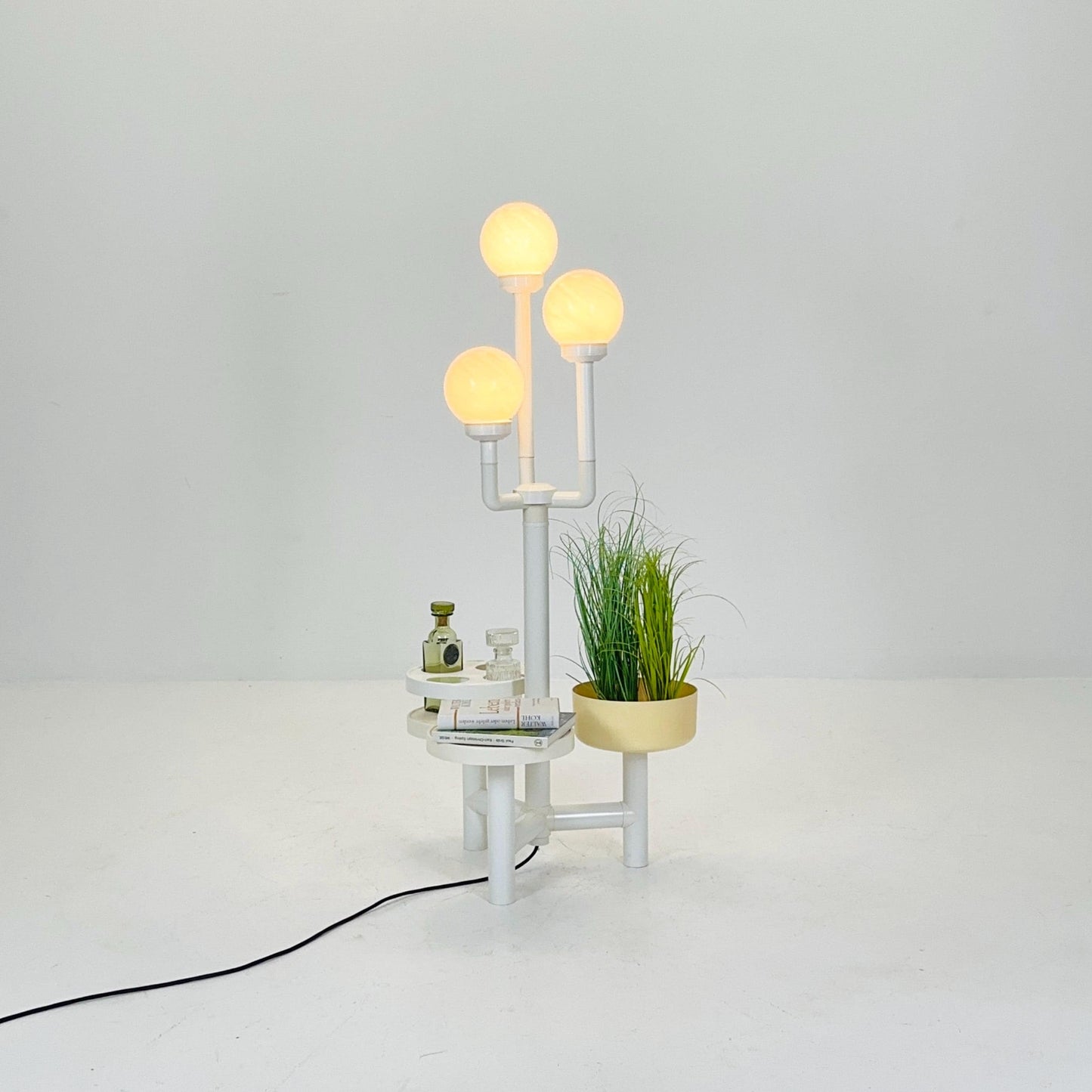 Mid-Century Space Age Floor Lamp & Side Table Chantal No. 8925 YPMA BV Opal PMMA Globes, Bar - Planter Stand Holland, 1970s