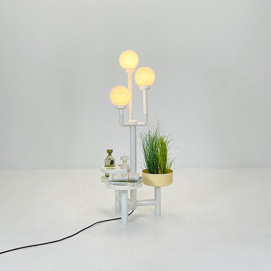 Mid-Century Space Age Floor Lamp & Side Table Chantal No. 8925 YPMA BV Opal PMMA Globes, Bar - Planter Stand Holland, 1970s