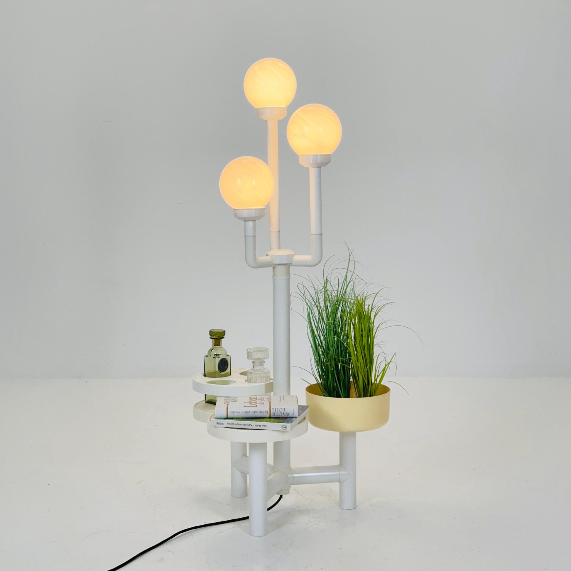 Mid-Century Space Age Floor Lamp & Side Table Chantal No. 8925 YPMA BV Opal PMMA Globes, Bar - Planter Stand Holland, 1970s