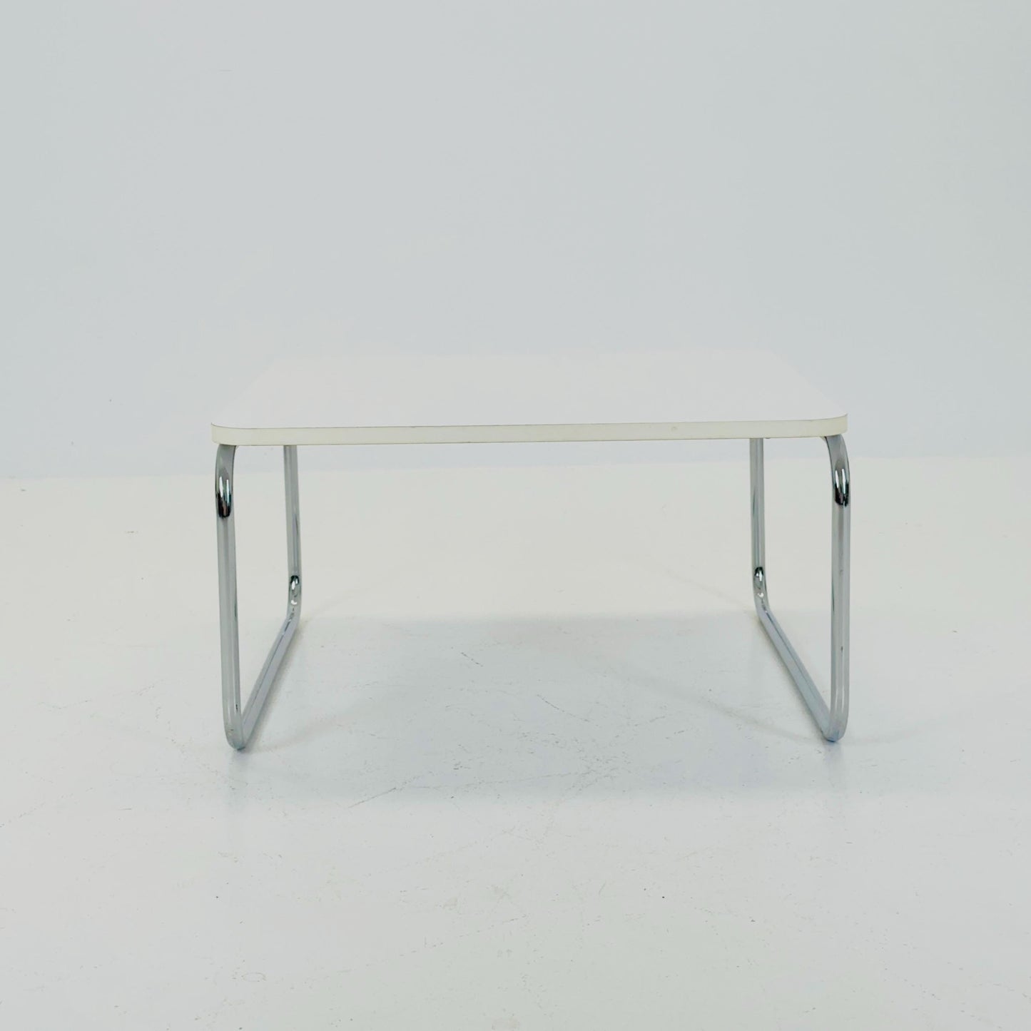 Mid-Century Modern Square Coffee Table, White Laminate & Chrome Base, Italy 1980s