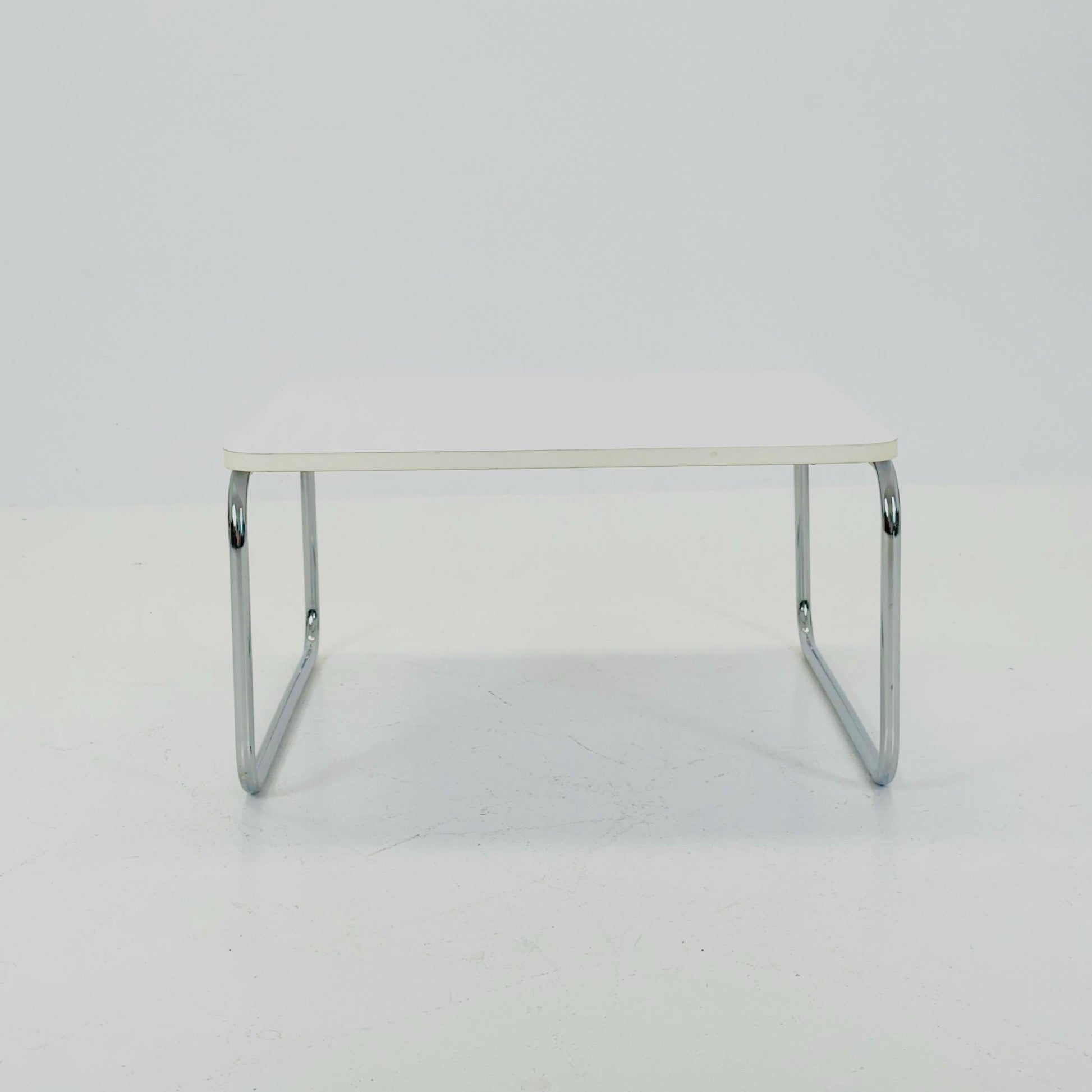 Mid-Century Modern Square Coffee Table, White Laminate & Chrome Base, Italy 1980s