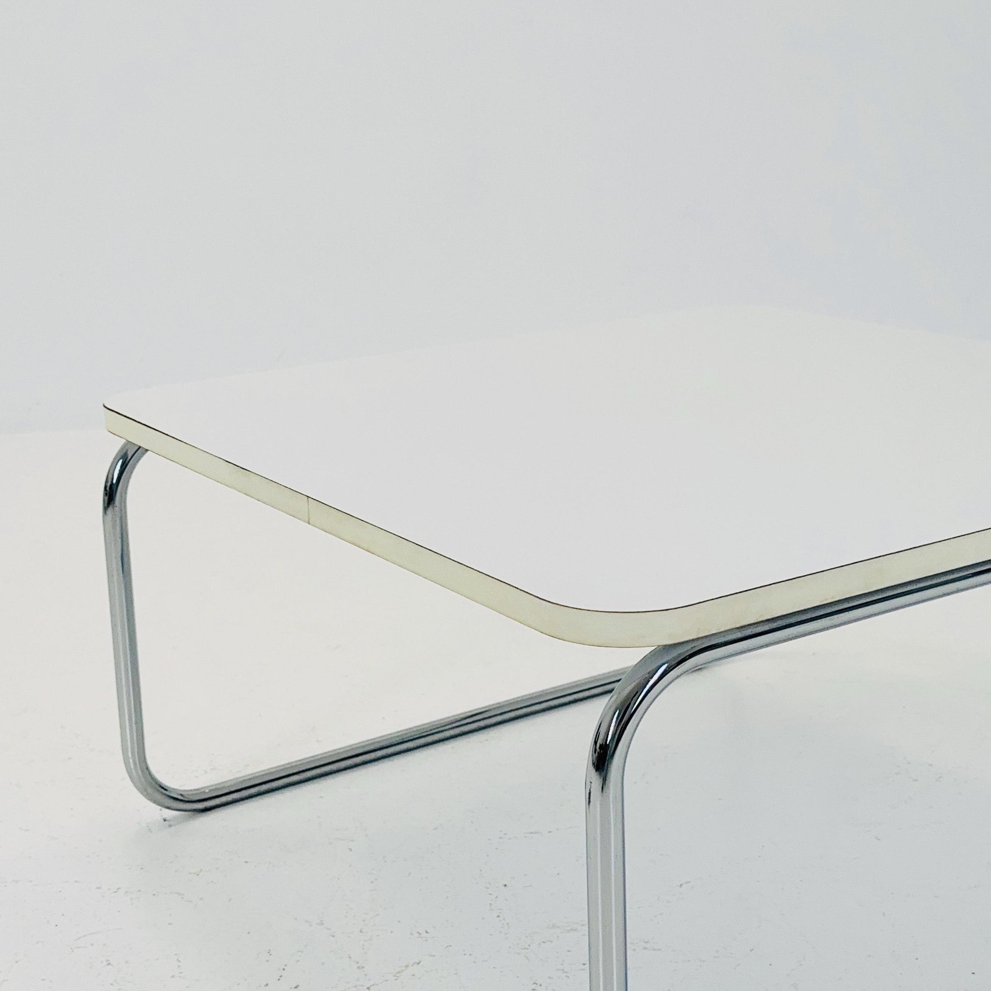 Mid-Century Modern Square Coffee Table, White Laminate & Chrome Base, Italy 1980s