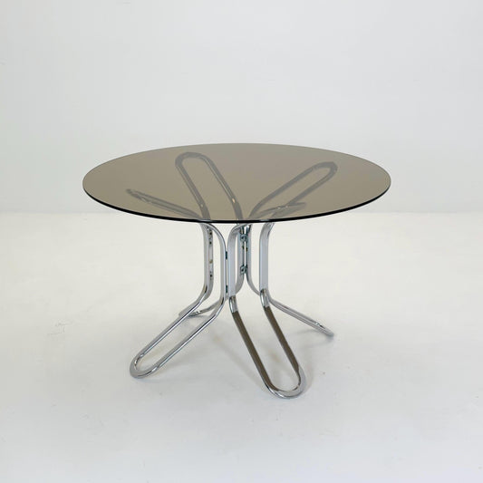 Mid-Century Chrome Dining Table by Gastone Rinaldi for Rima, Italy 1980s – Smoked Glass, Bauhaus Design