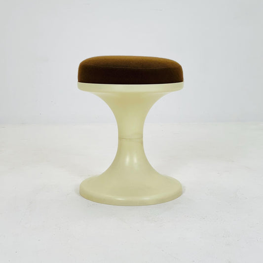 Vintage German Tulip Stool – 1970s, White ABS with Brown Fabric Seat
