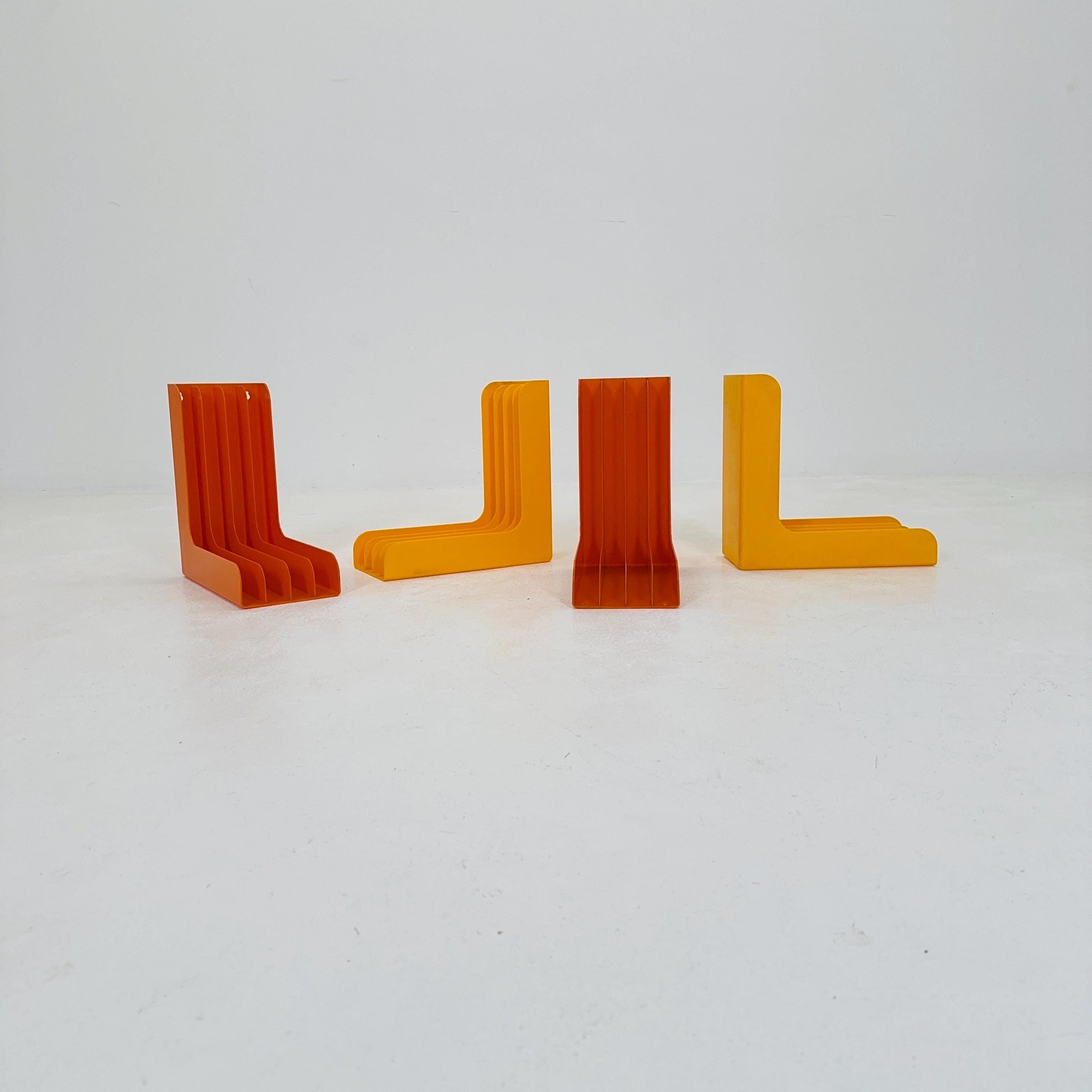 Set of 4 Mid-Century Vinyl Record Holders – 1970s West Germany, Space Age Modular ABS Storage, Orange & Yellow