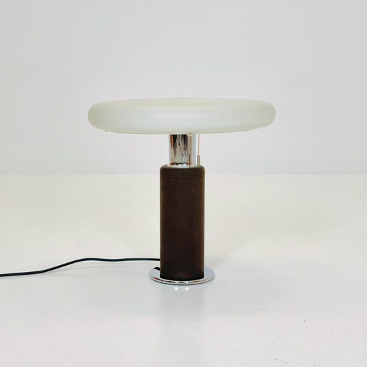 Rare Mid-Century Postmodern Table Lamp by Hillebrand | German Design | Frosted Glass Shade, Leather brown Base, 1980s Germany