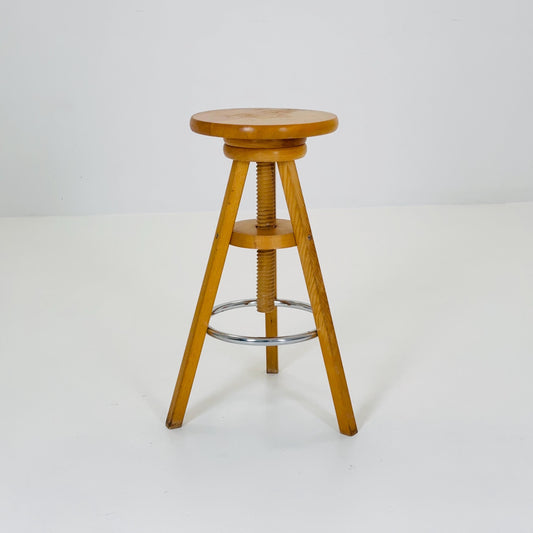 Mid century solid natural wood adjustable screw Ikea vintage bar stool 1990s Sweden