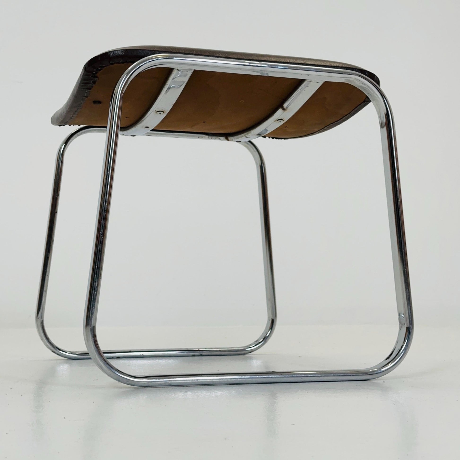 Mid-Century Bauhaus Chrome Stool with Brown Leather | Germany 1980s | Vintage Industrial Seating