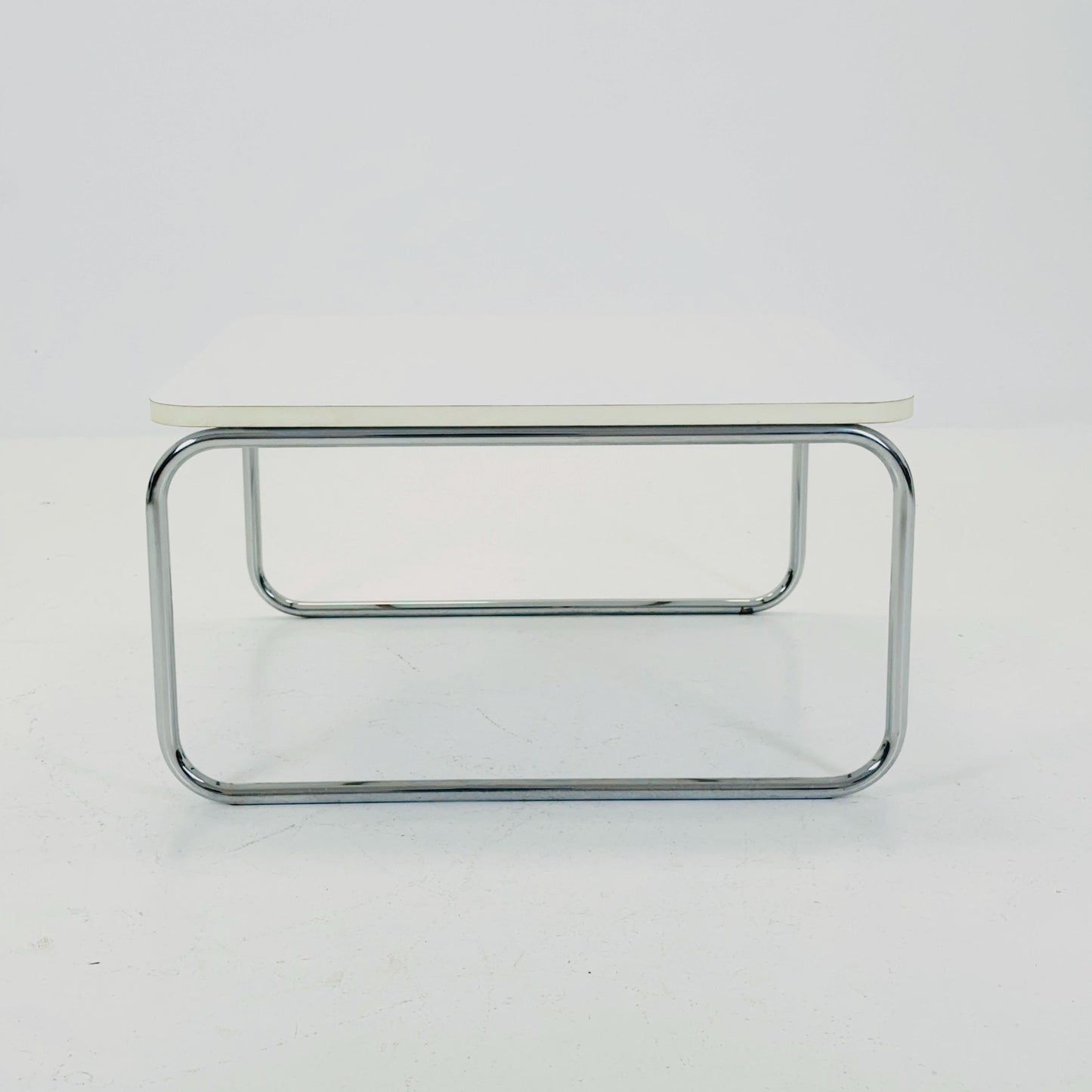 Mid-Century Modern Square Coffee Table, White Laminate & Chrome Base, Italy 1980s