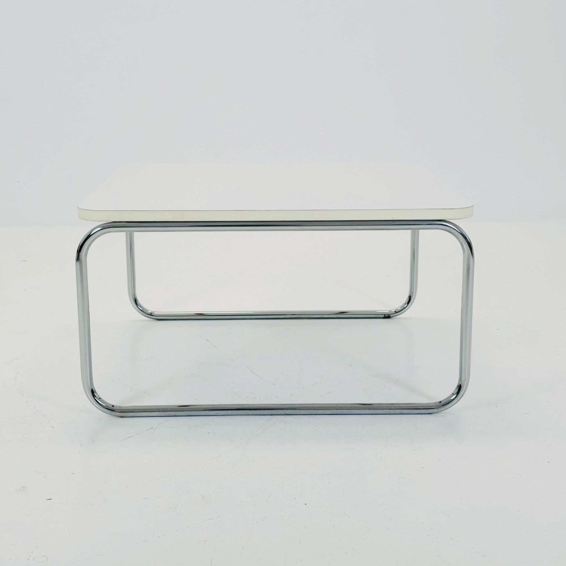 Mid-Century Modern Square Coffee Table, White Laminate & Chrome Base, Italy 1980s