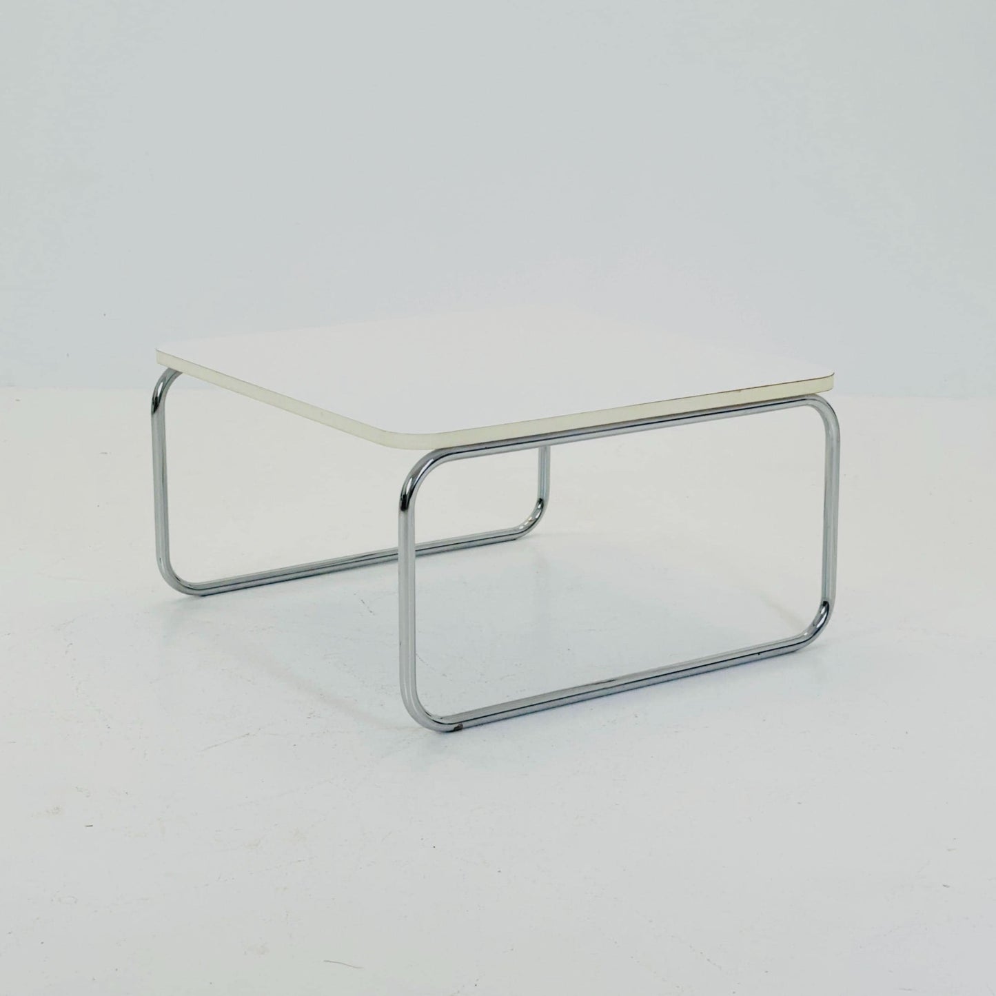 Mid-Century Modern Square Coffee Table, White Laminate & Chrome Base, Italy 1980s