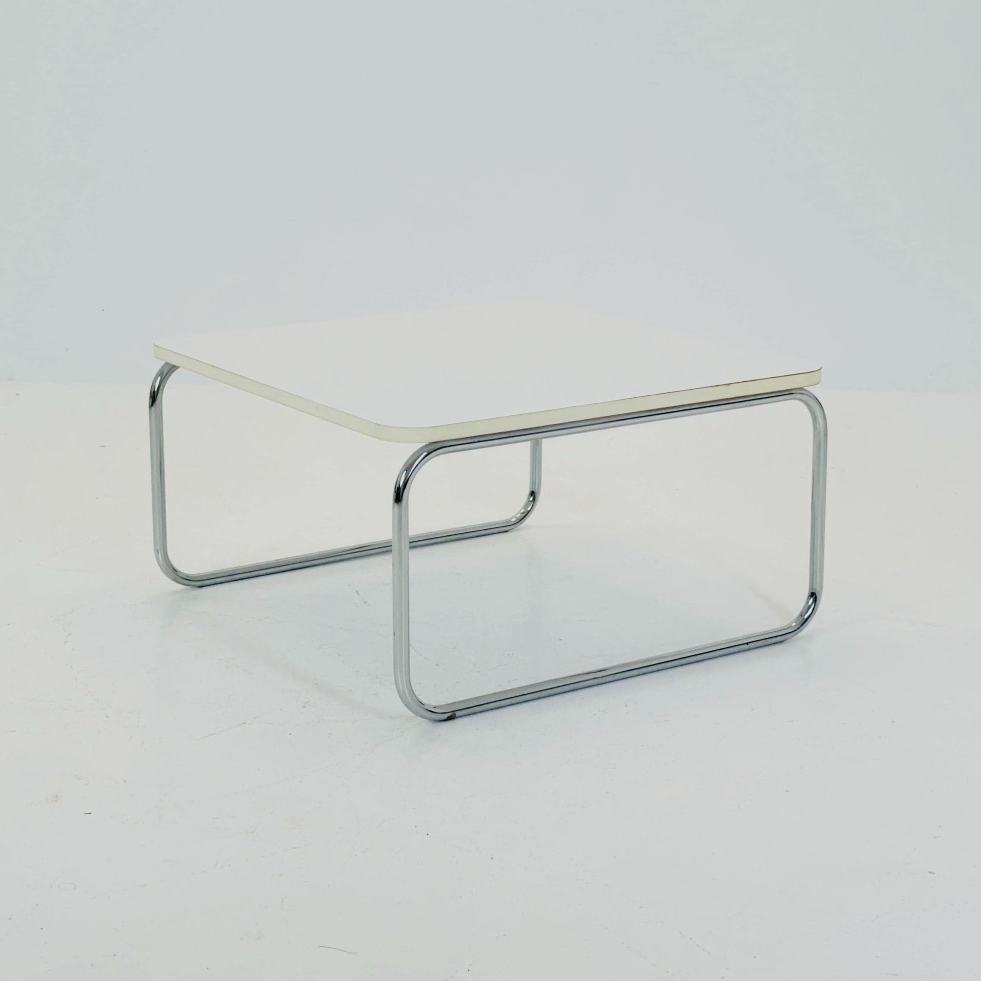 Mid-Century Modern Square Coffee Table, White Laminate & Chrome Base, Italy 1980s