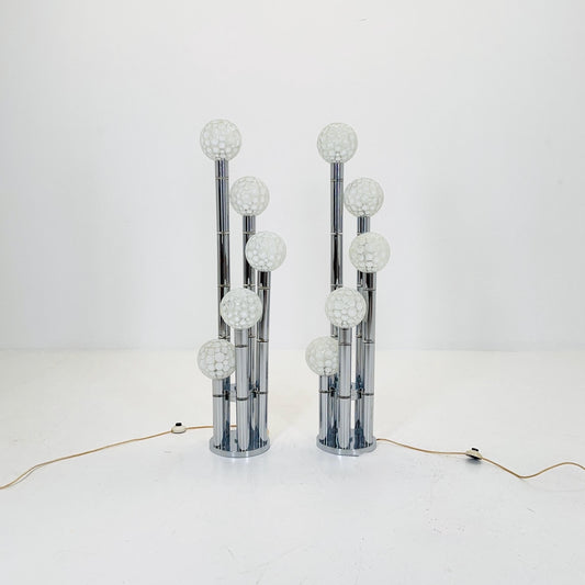 1 of 2 Mid-Century Vintage Chrome Floor Lamp with Glass Globes, Italy 1970s